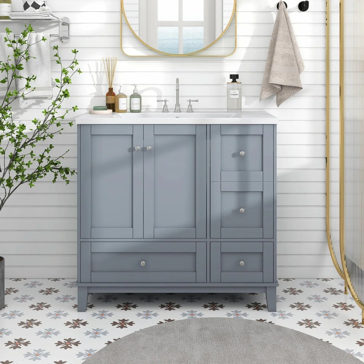 Modern 36-Inch Bathroom Vanity with Resin Sink and Ample Storage