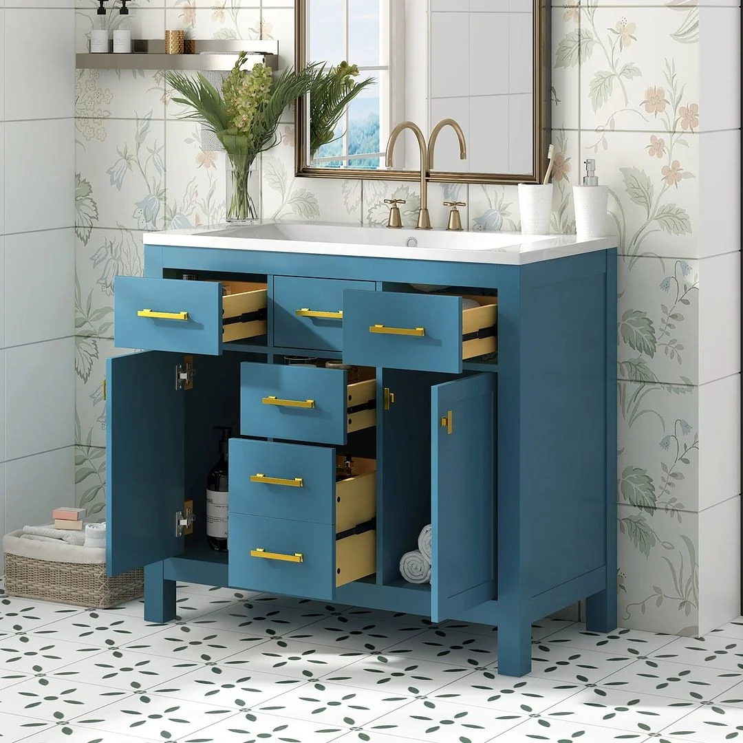 36'' Modern Freestanding Bathroom Vanity with Resin Sink Combo, 4 Drawers and 2 Cabinets