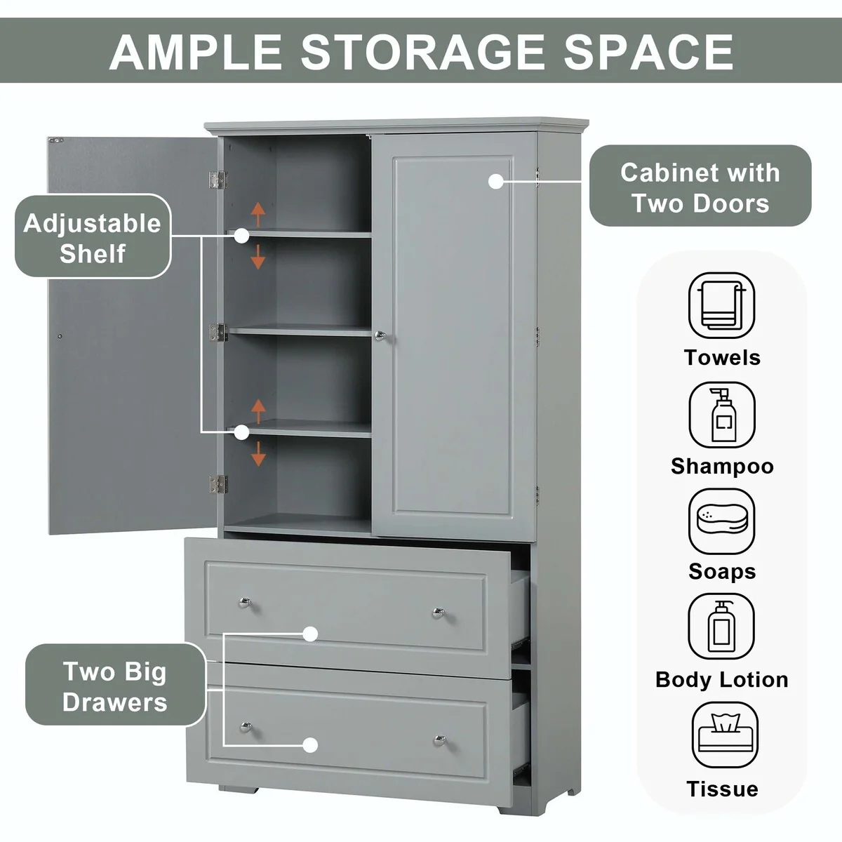 Tall Bathroom Storage Cabinet with Drawers and Adjustable Shelf