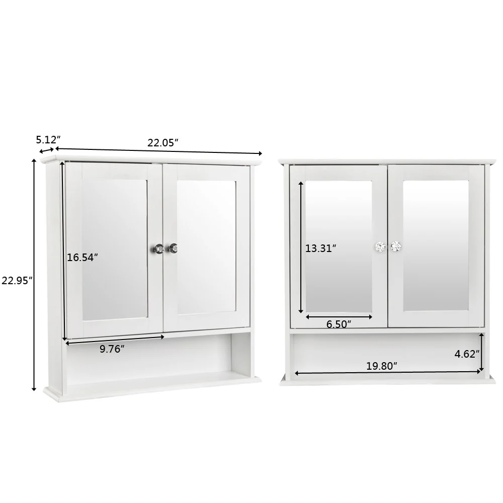 Double Door Mirror Indoor Bathroom Wall Mounted Cabinet Shelf White