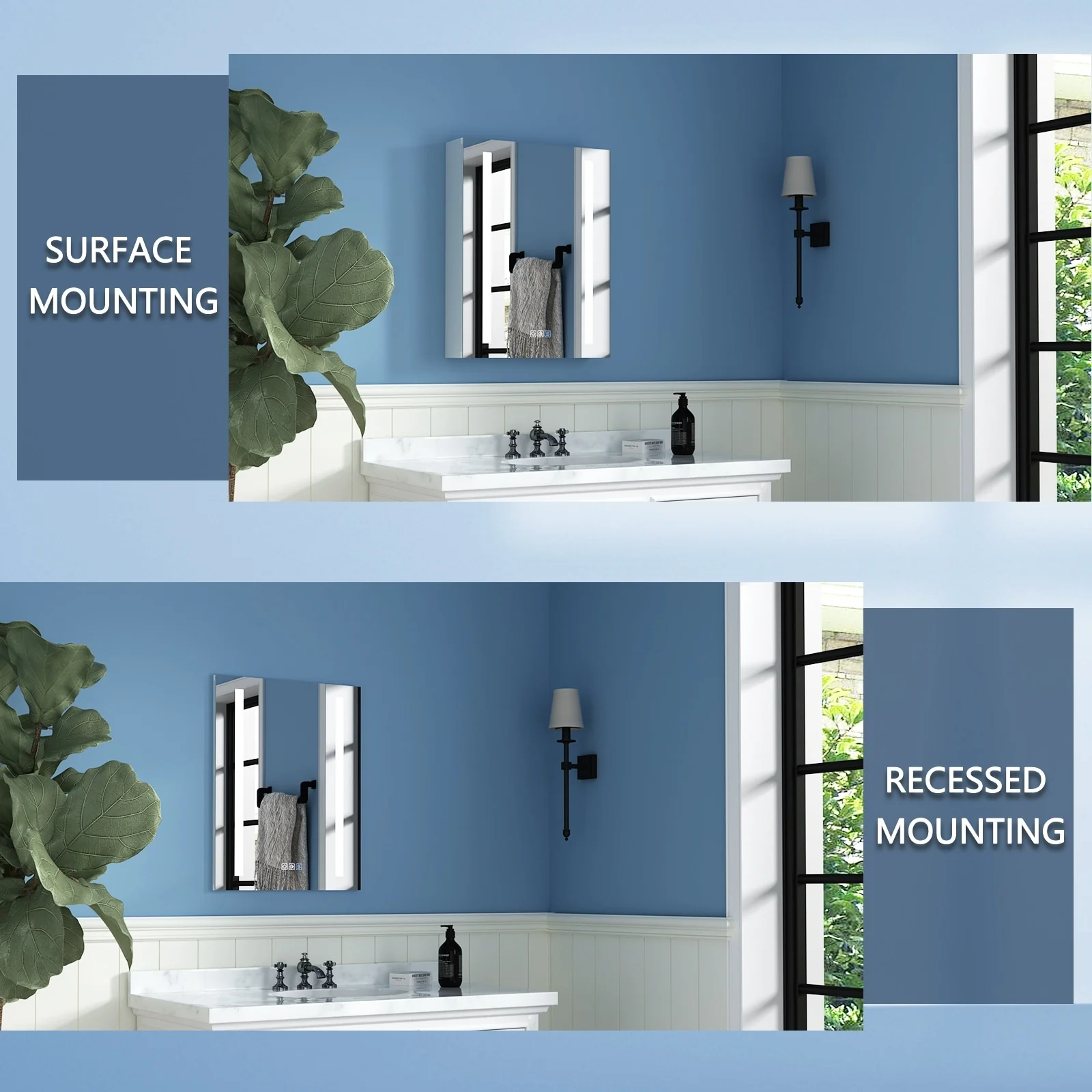 ExBrite 3 Touch Switch LED Lighted Bathroom Medicine Cabinet with Mirror, Recessed or Surface Mount, Defog, Stepless Dimming