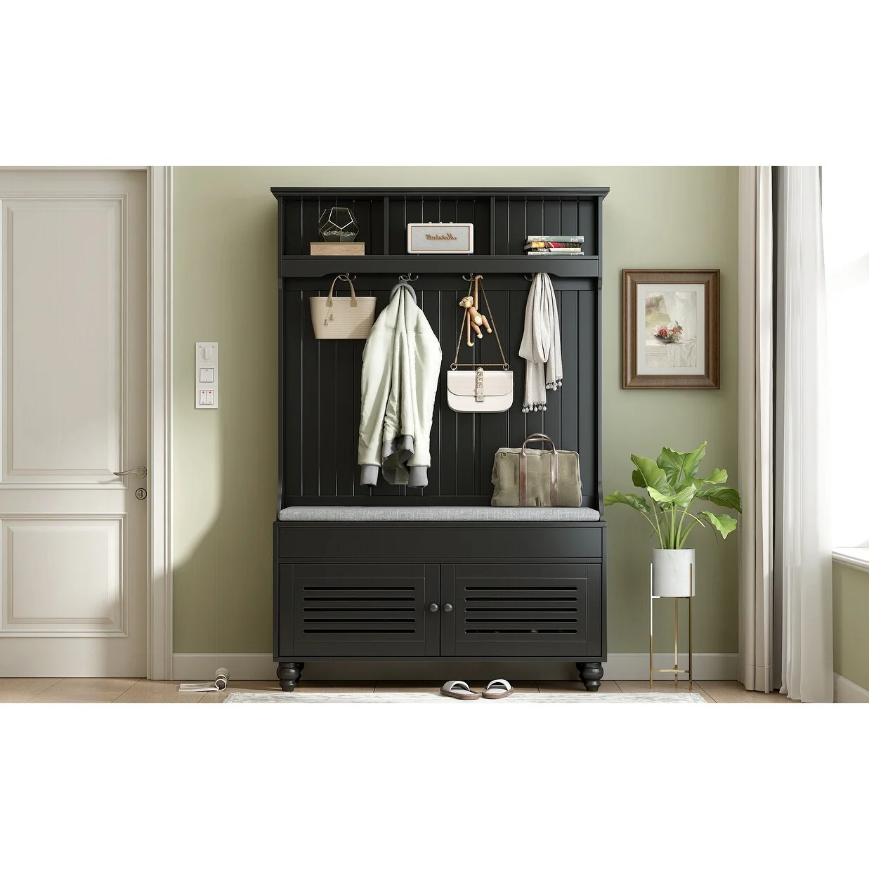 Entryway Bench Hall Tree with Shutter-Shaped Doors