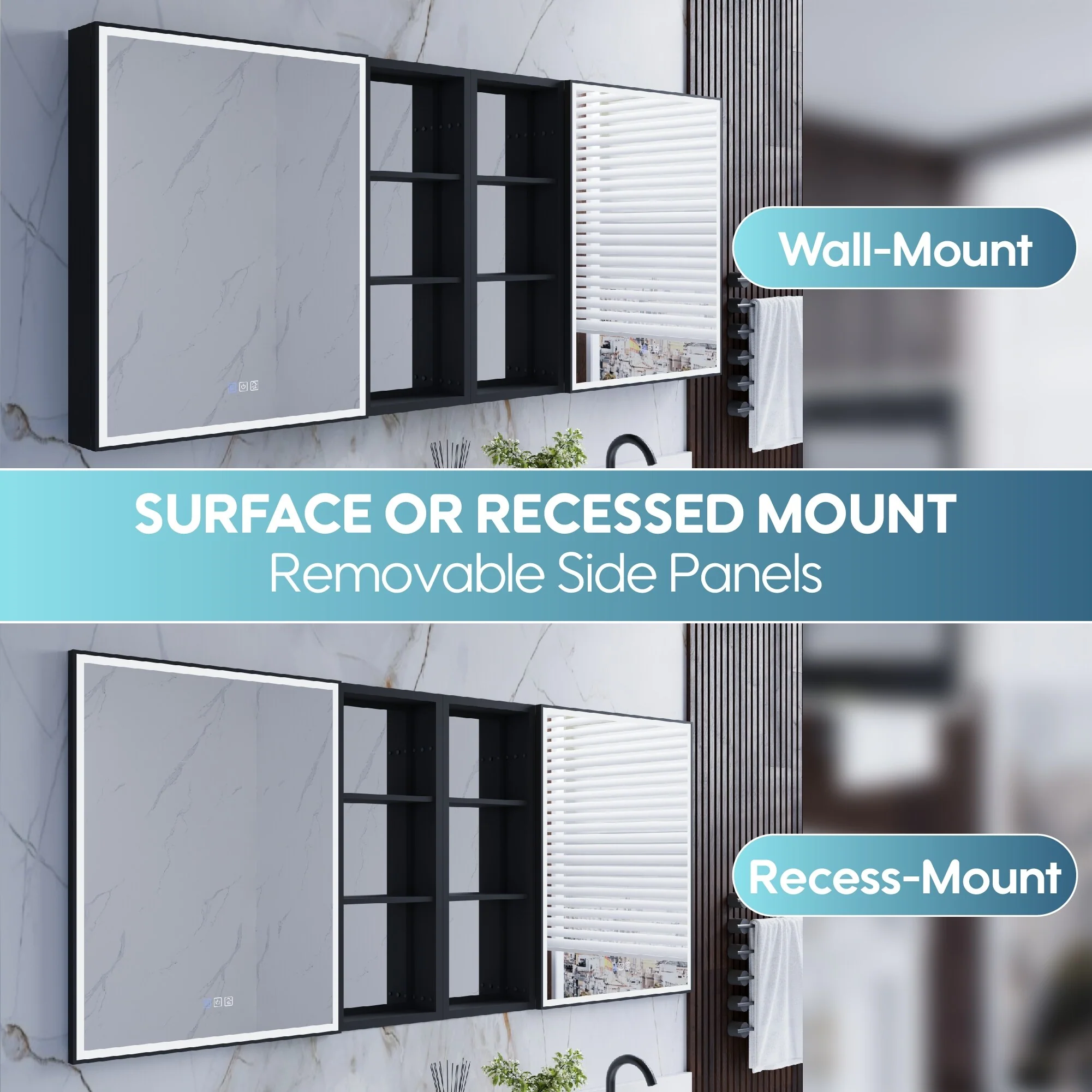 30 in. H Recessed or Surface Wall Mounted LED Mirror Cabinet With Black Side Cabinet