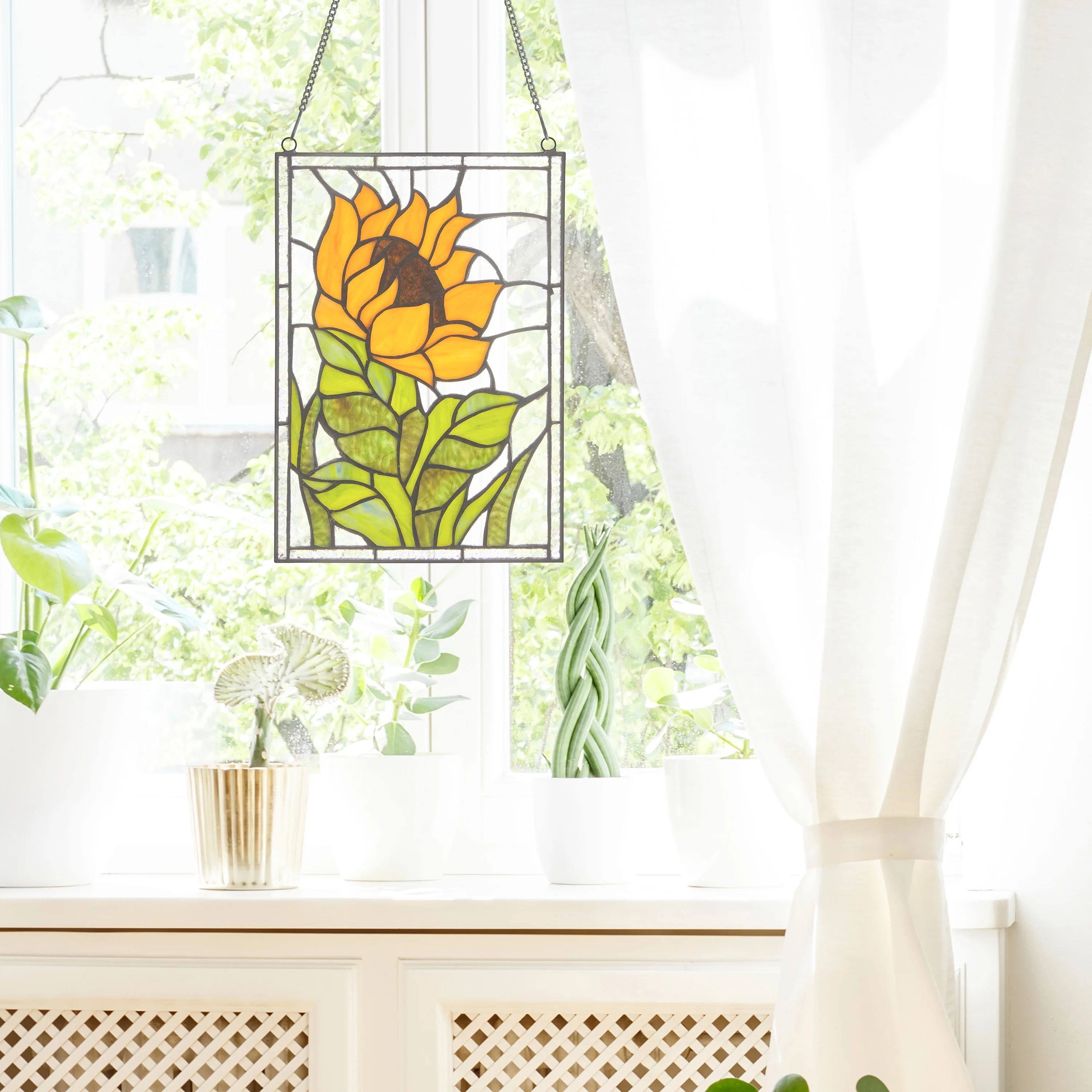 Single Sunflower River of Goods Stained Glass Vertical Window Panel