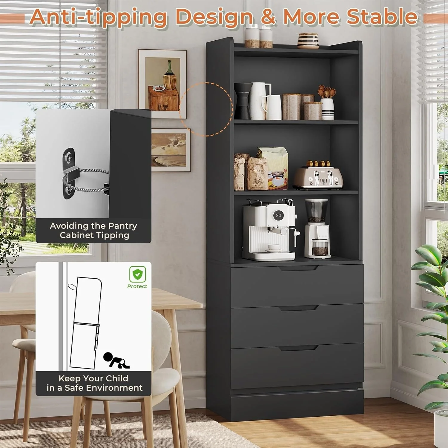 Kitchen Storage Cabinet Bookcase 3 Drawers Open Shelves - N/A