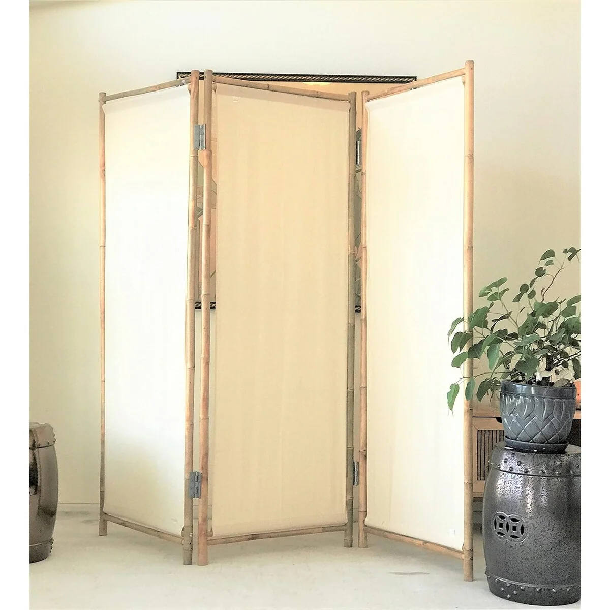 Handcrafted Folding Natural Bamboo 3 Panels Room Screen Divider White Canvas (SC-001)