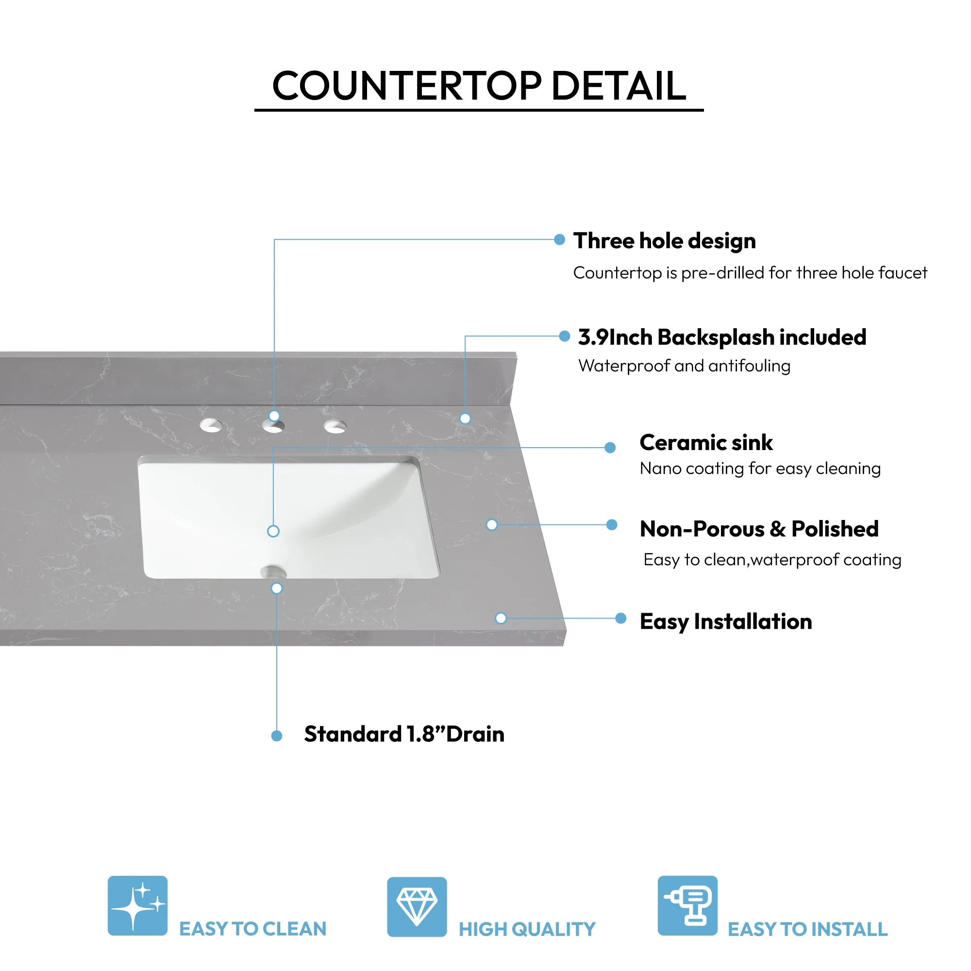 Jaen Composite Stone Vanity Top with White Rectangular Sink