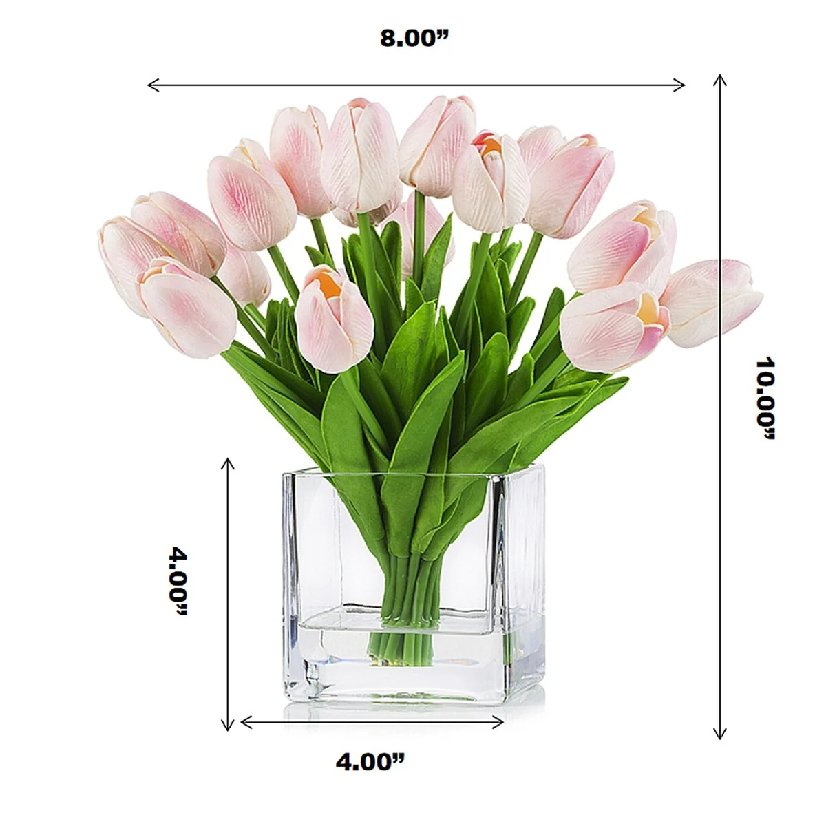 Enova Home 20 Pieces Artificial Real Touch Tulips Fake Silk Flowers Arrangement in Cube Glass Vase with Faux Water