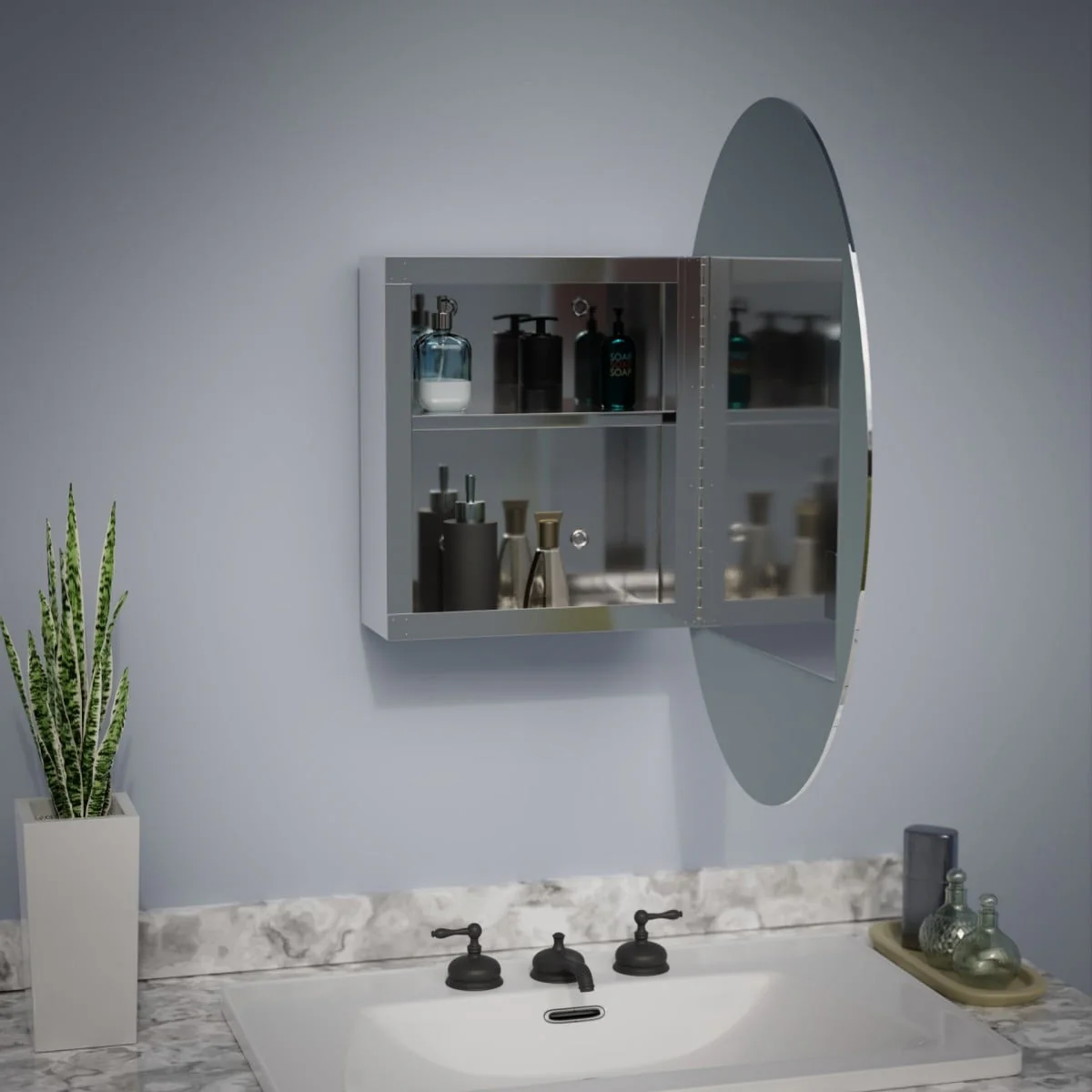 Oval Medicine Cabinet Wall Mounted Brushed Stainless Steel with Mirror 26