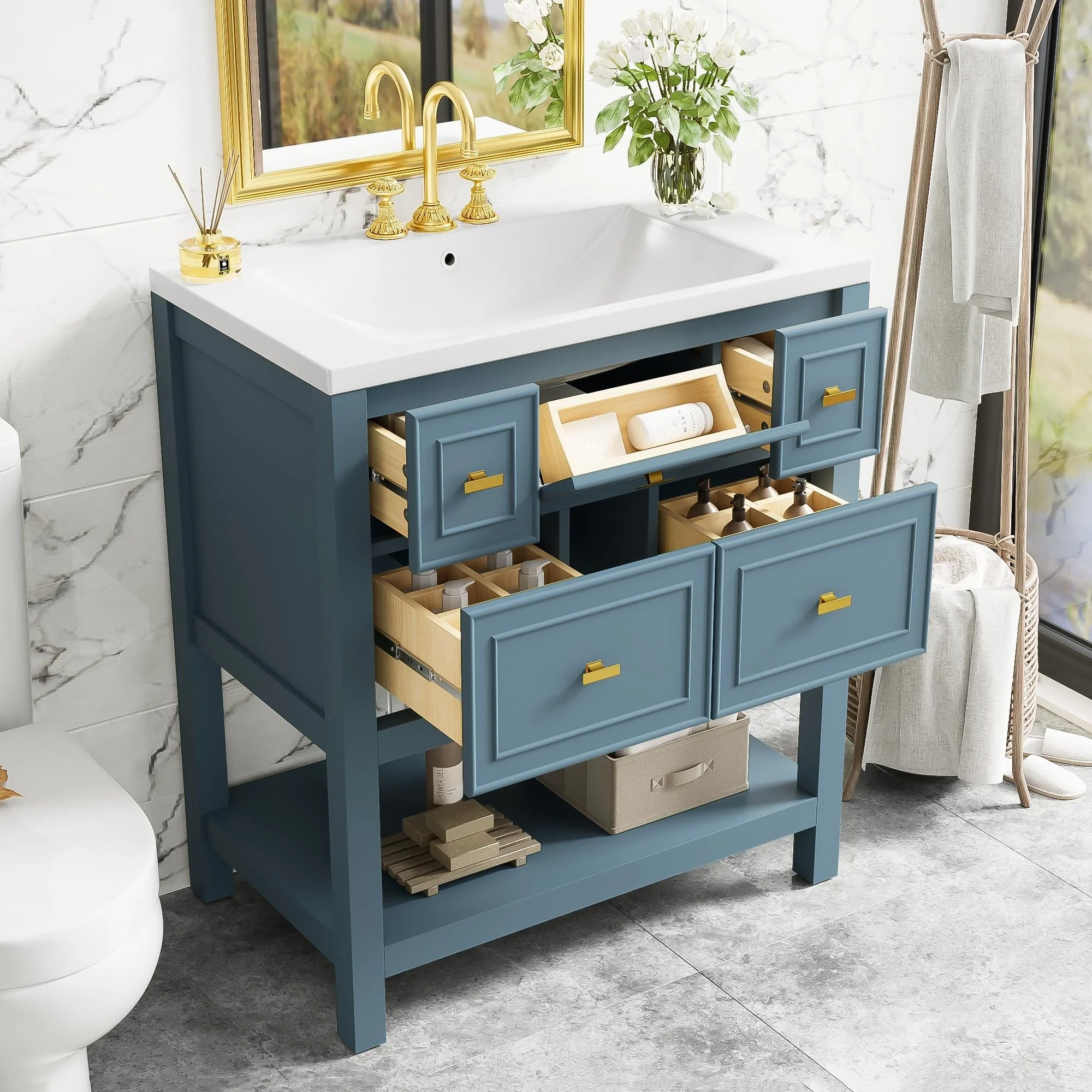 Free Standing Single Bathroom Vanity with 5 Drawers Bathroom Storage Cabinet
