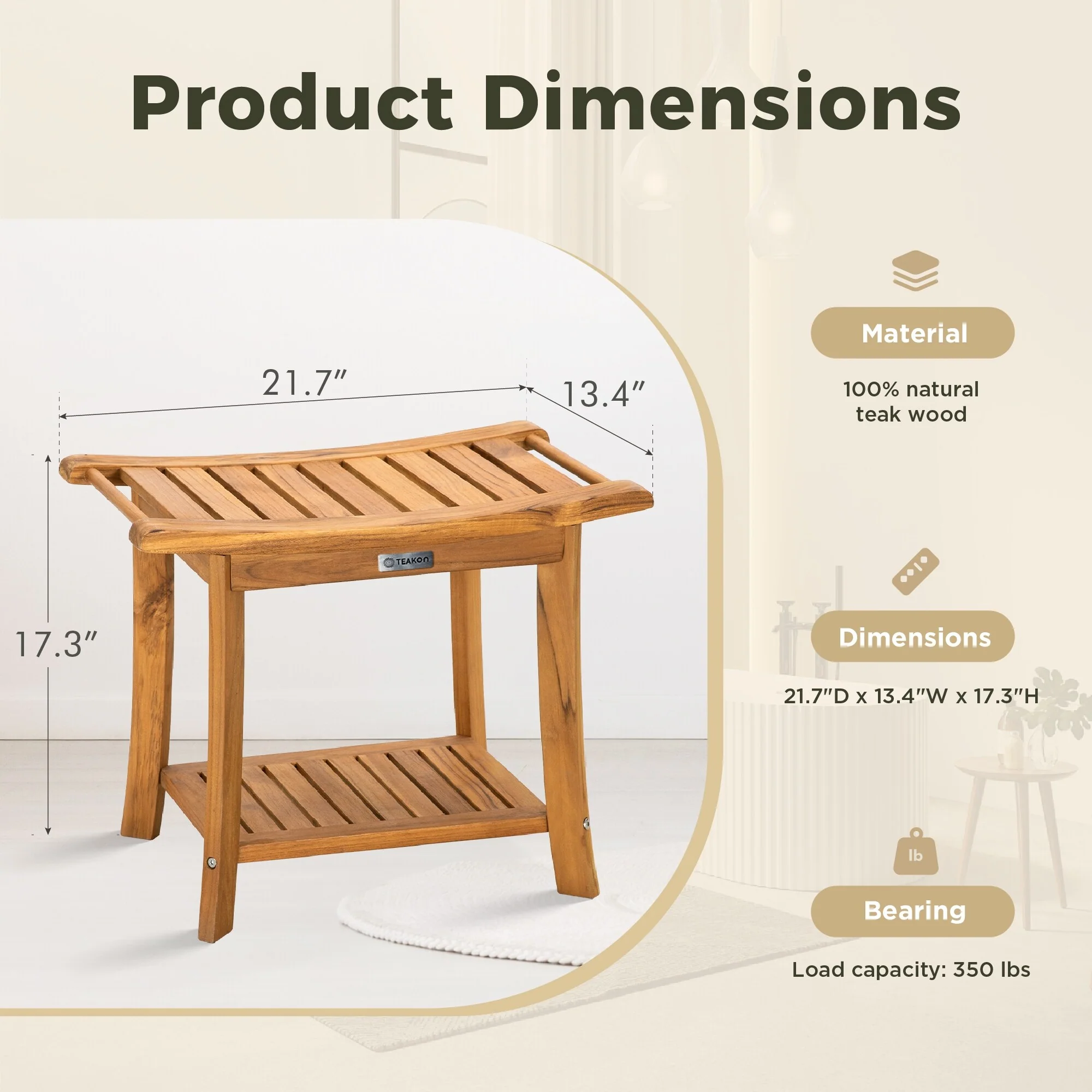 Bathroom Stool with Storage Shelf, Teak Shower Bench Waterproof Wood Bench, Shower Seat