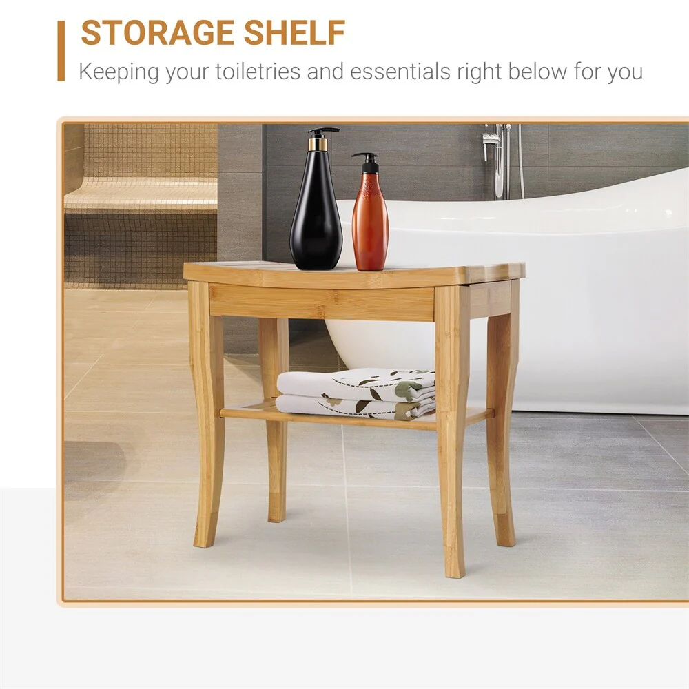 Long Bamboo Shower Bench Seat,Wooden Spa Shower Stool w/Storage Shelf