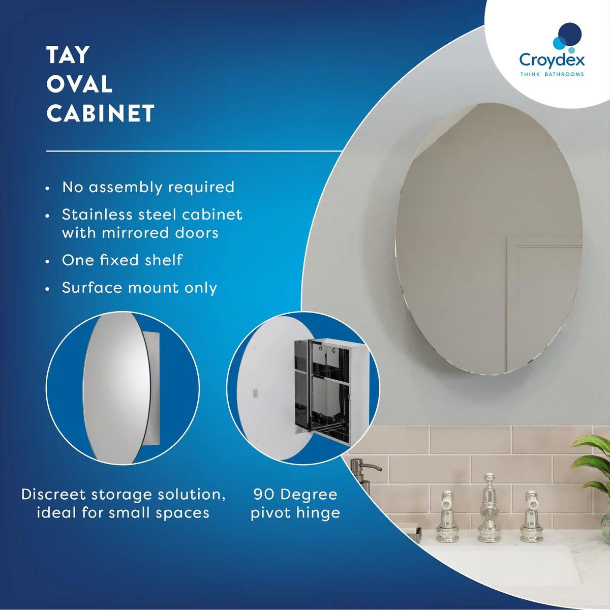 Croydex Surface Mount Tay Oval Stainless Steel Mirror Medicine Cabinet - 18