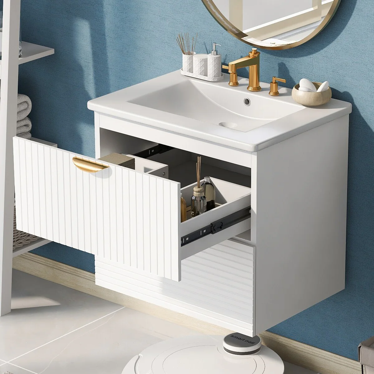 Modern 24 Inches MDF Wall-Mounted Bathroom vanity with Ceramic Sink and 2 Drawers