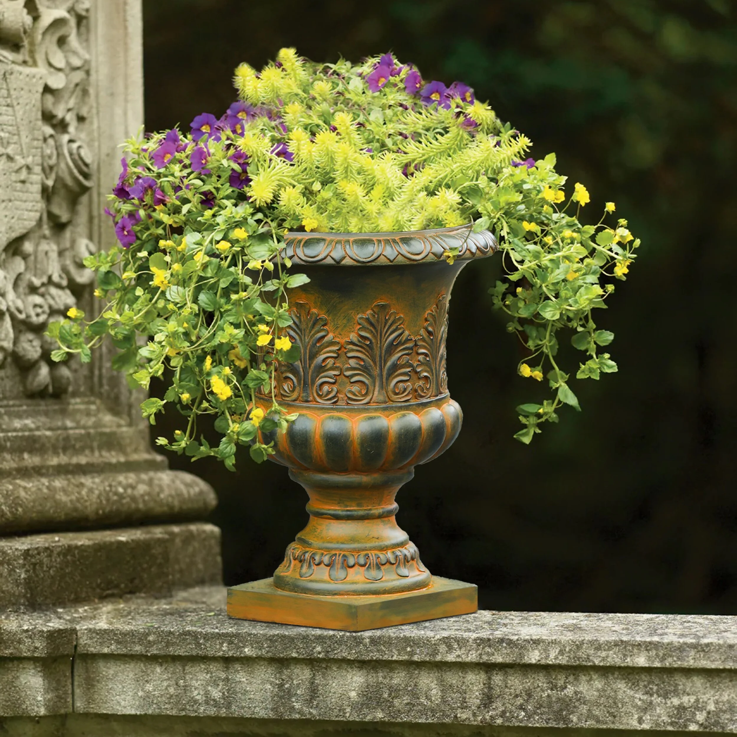 Handmade Weathered Brown Fiber Stone Tall Urn Planter Pots - 19.9