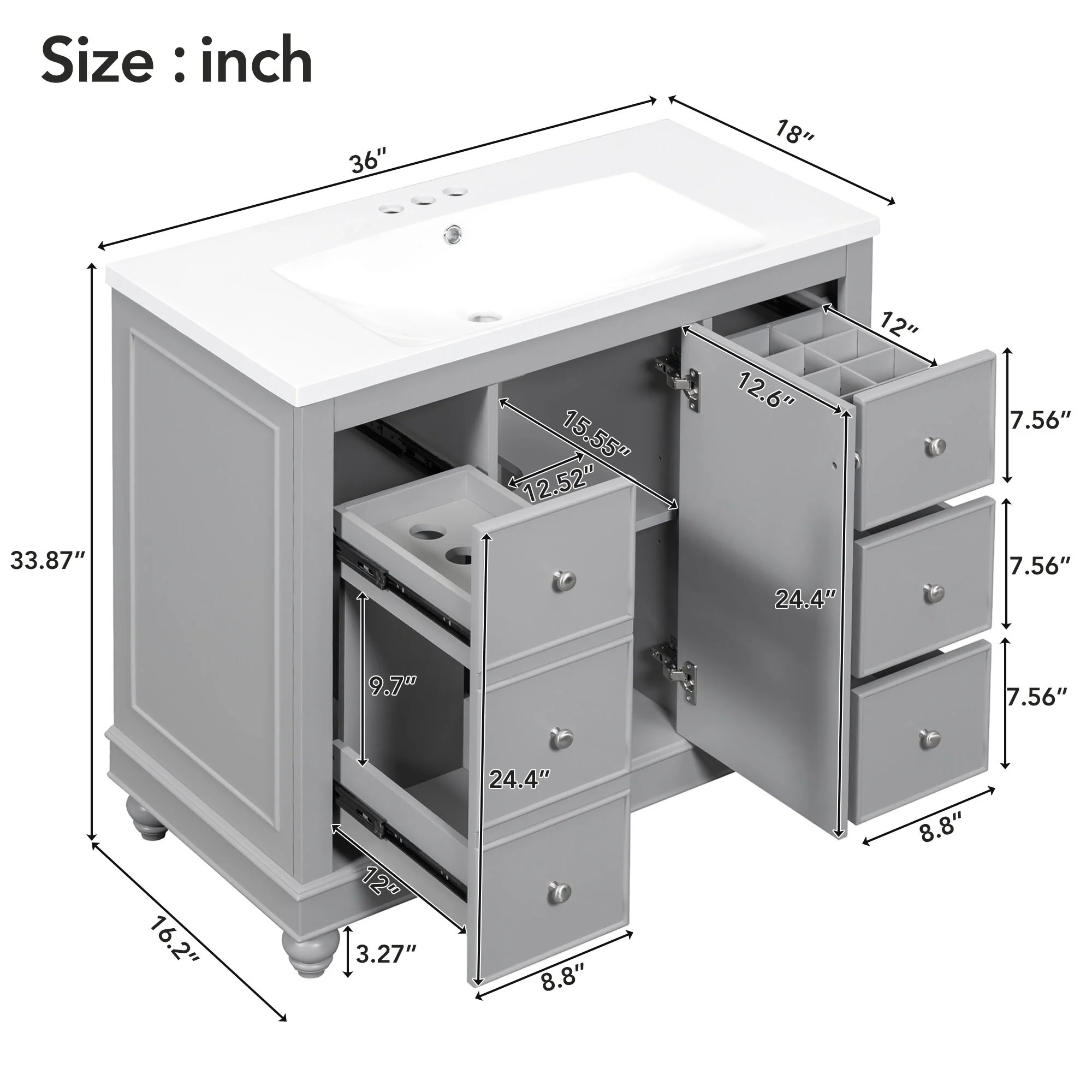 Bathroom Vanity with Sink, Bathroom Vanity Cabinet with 4 Drawers and 1 Door, Storage Cabinet with Adjustable Shelves