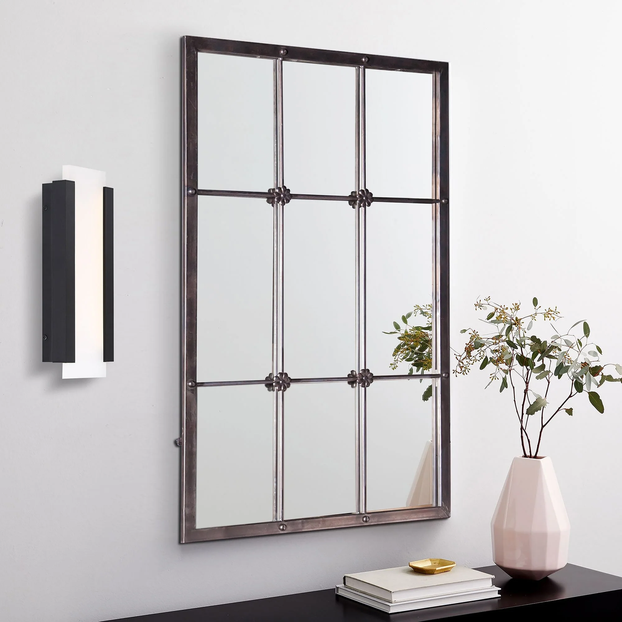 Rustic Brown Metal Frame Windowpane Accent Wall Mirror - 37.75