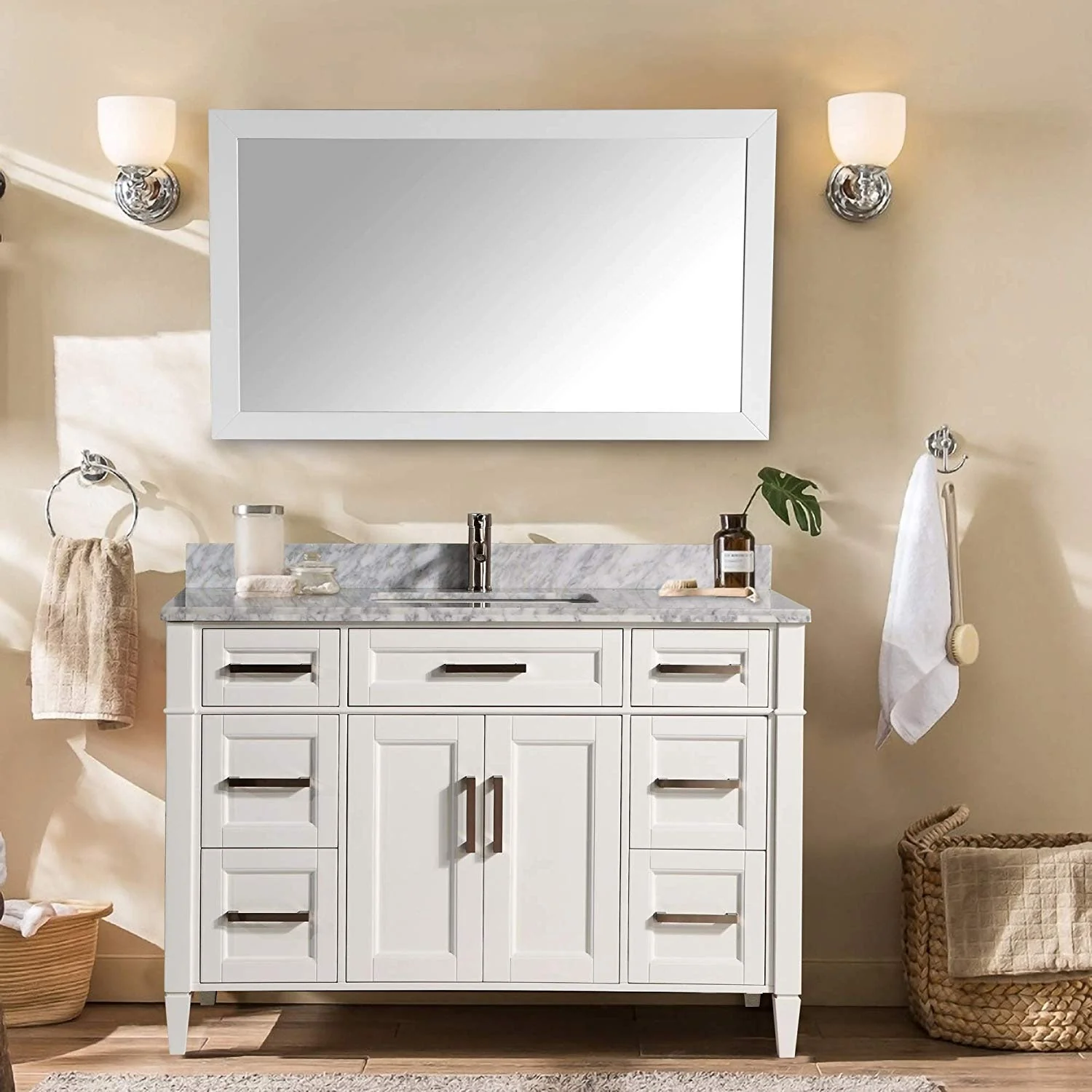 Vanity Art 60-Inch Single Sink Bathroom Vanity Set Carrara Marble Stone Top 7 Drawers 1 Shelf Undermount Sink with Free Mirror