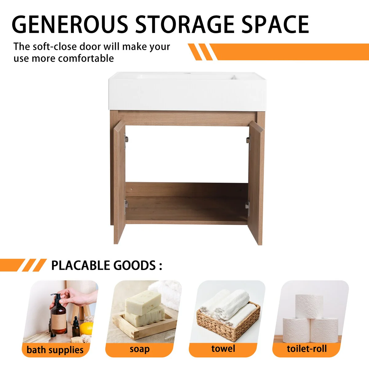 Bathroom Vanity With Sink In 24/30/36 Inch, Floating Bathroom Vanity with Soft Close Door