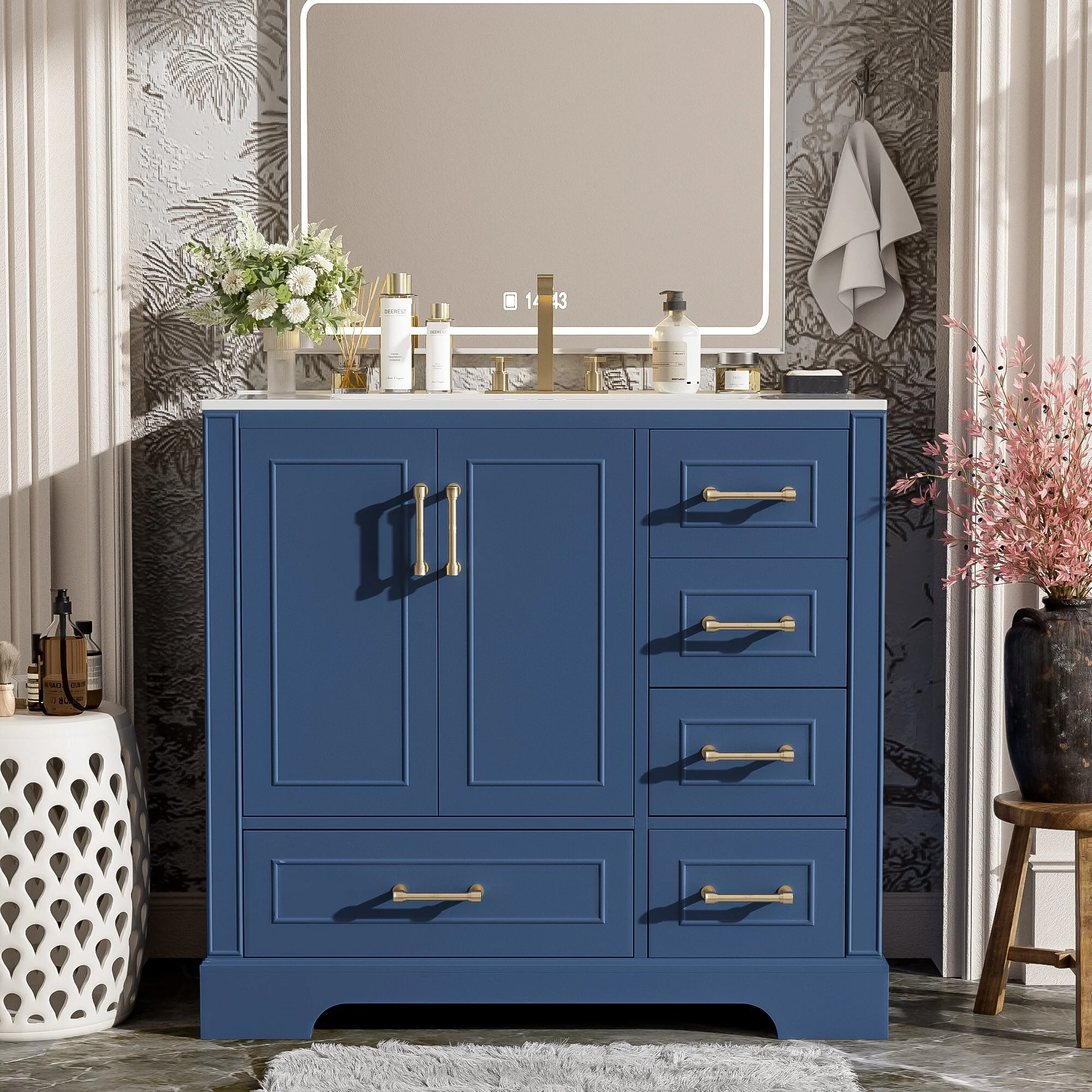 Bathroom Vanity with Resin Sink, Bathroom Vanity Set with 4 Drawers, Bathroom Storage Cabinet with 2 Soft Close Doors