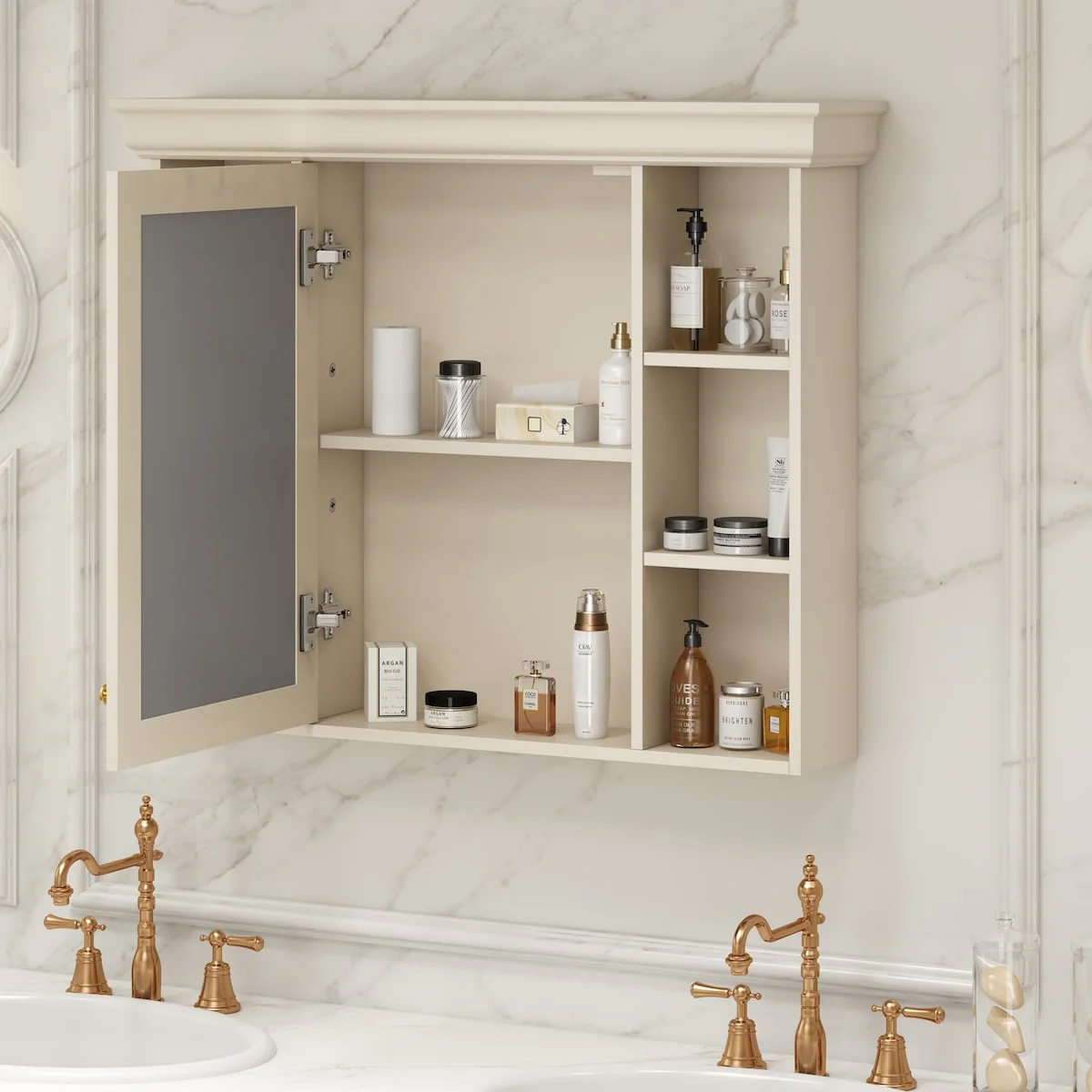 Modern Wall Mounted Bathroom Medicine Cabinet with Mirror Door & 6 Open Shelves