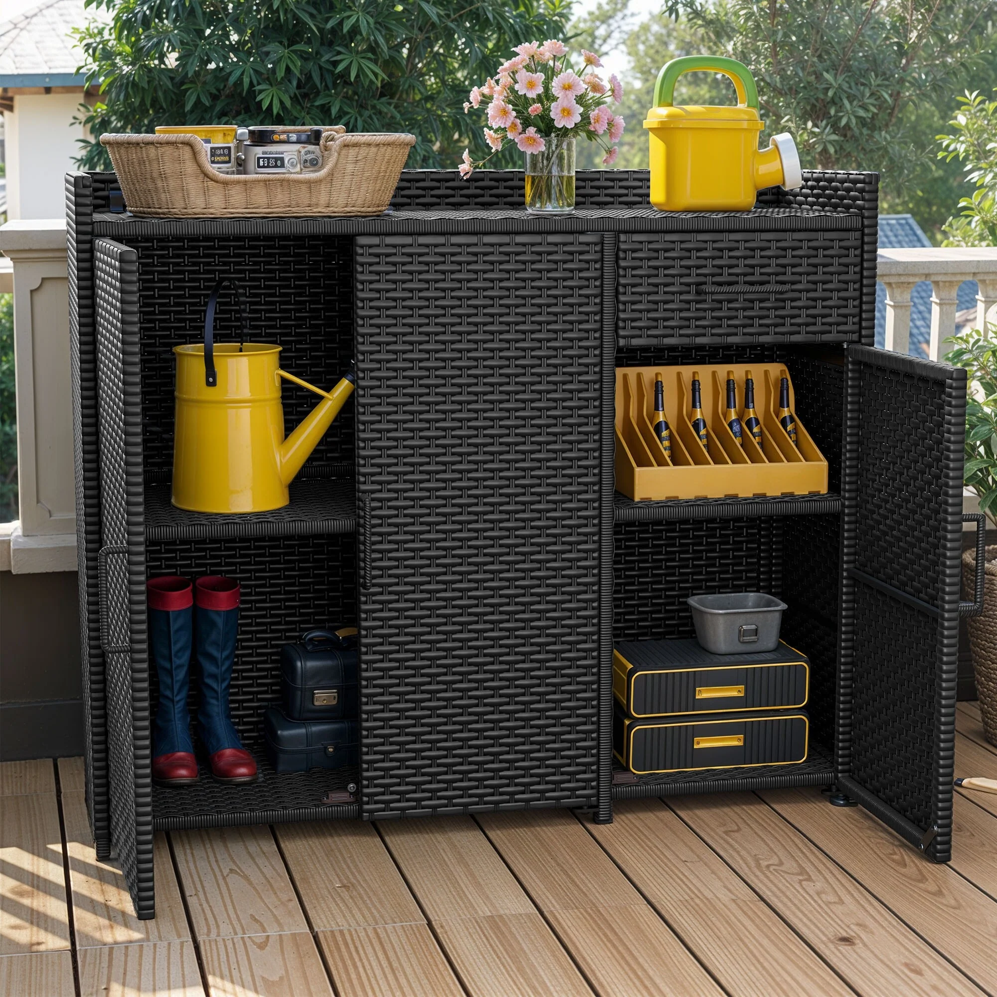 Moasis Outdoor Rattan Wicker Storage Cabinet Bar Table with 2 Doors and Drawers