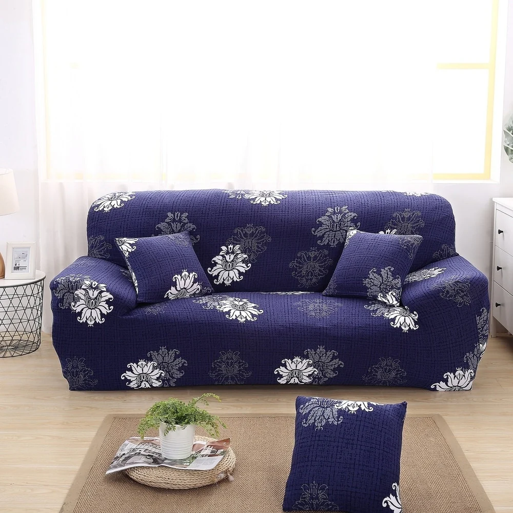 Enova Home Navy Blue Elegant Polyester and Spandex Stretch Washable Box Cushion Sofa Slipcover