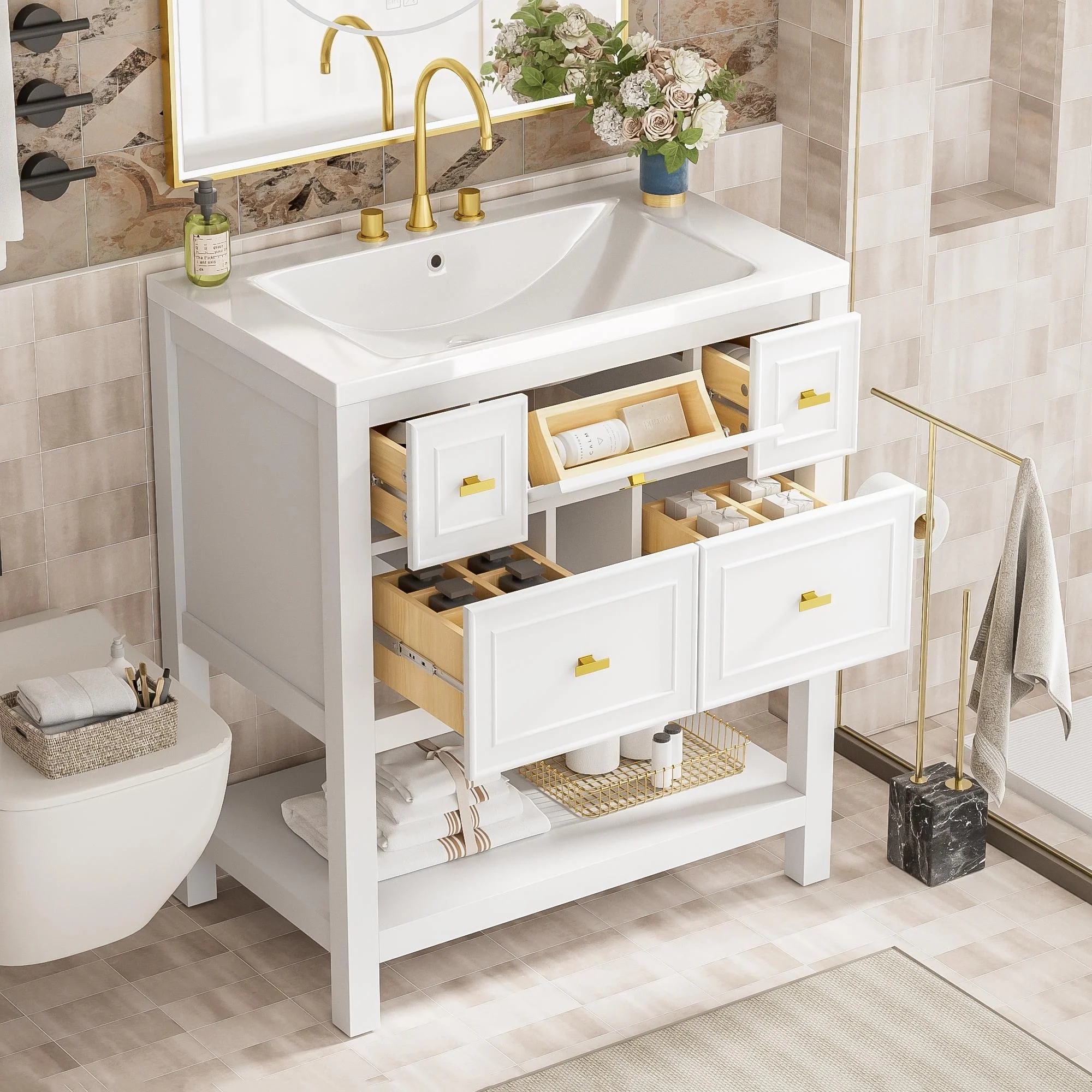 Free Standing Single Bathroom Vanity with 5 Drawers Bathroom Storage Cabinet