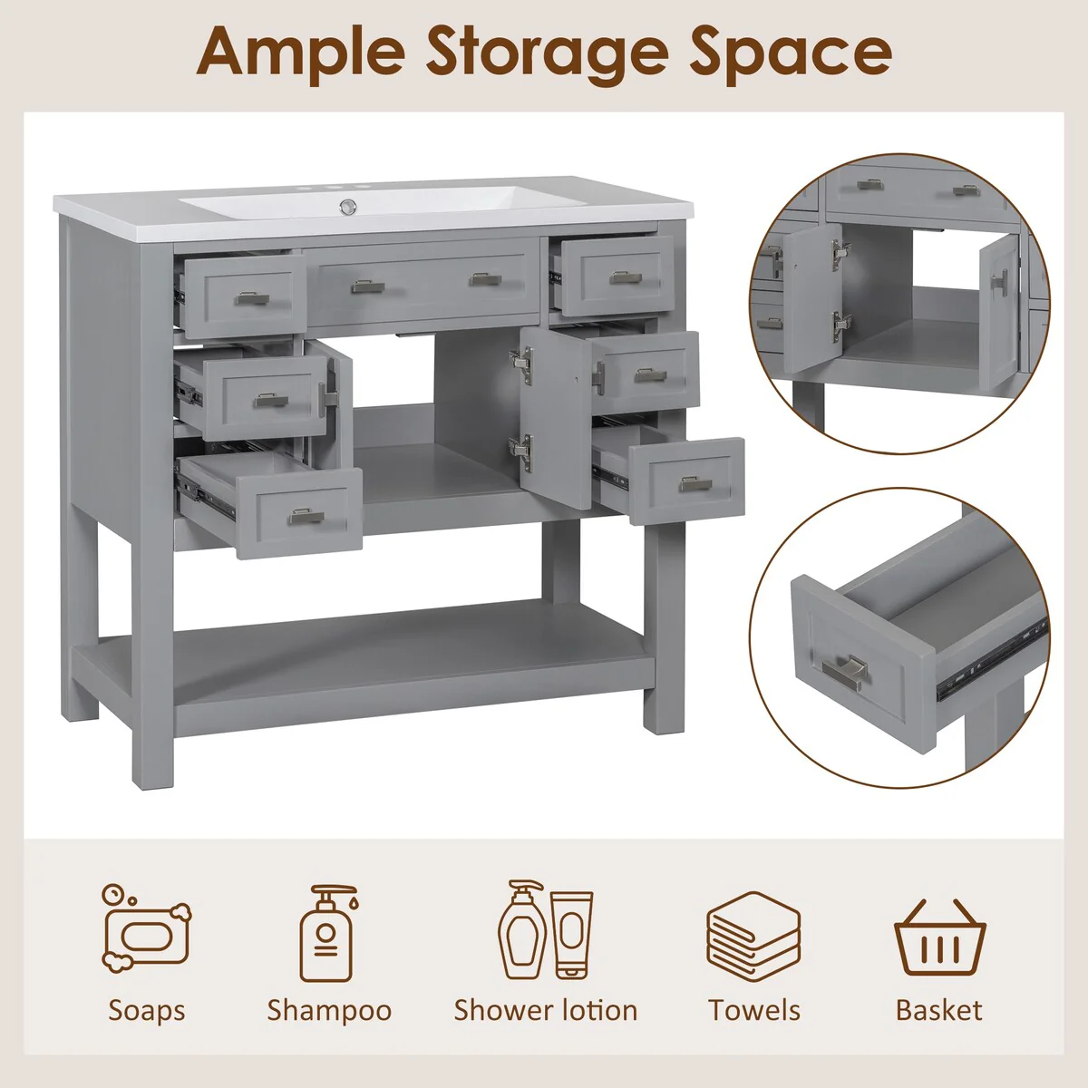 36'' Bathroom Vanity Modern Bathroom Storage Cabinet with 6 Drawers
