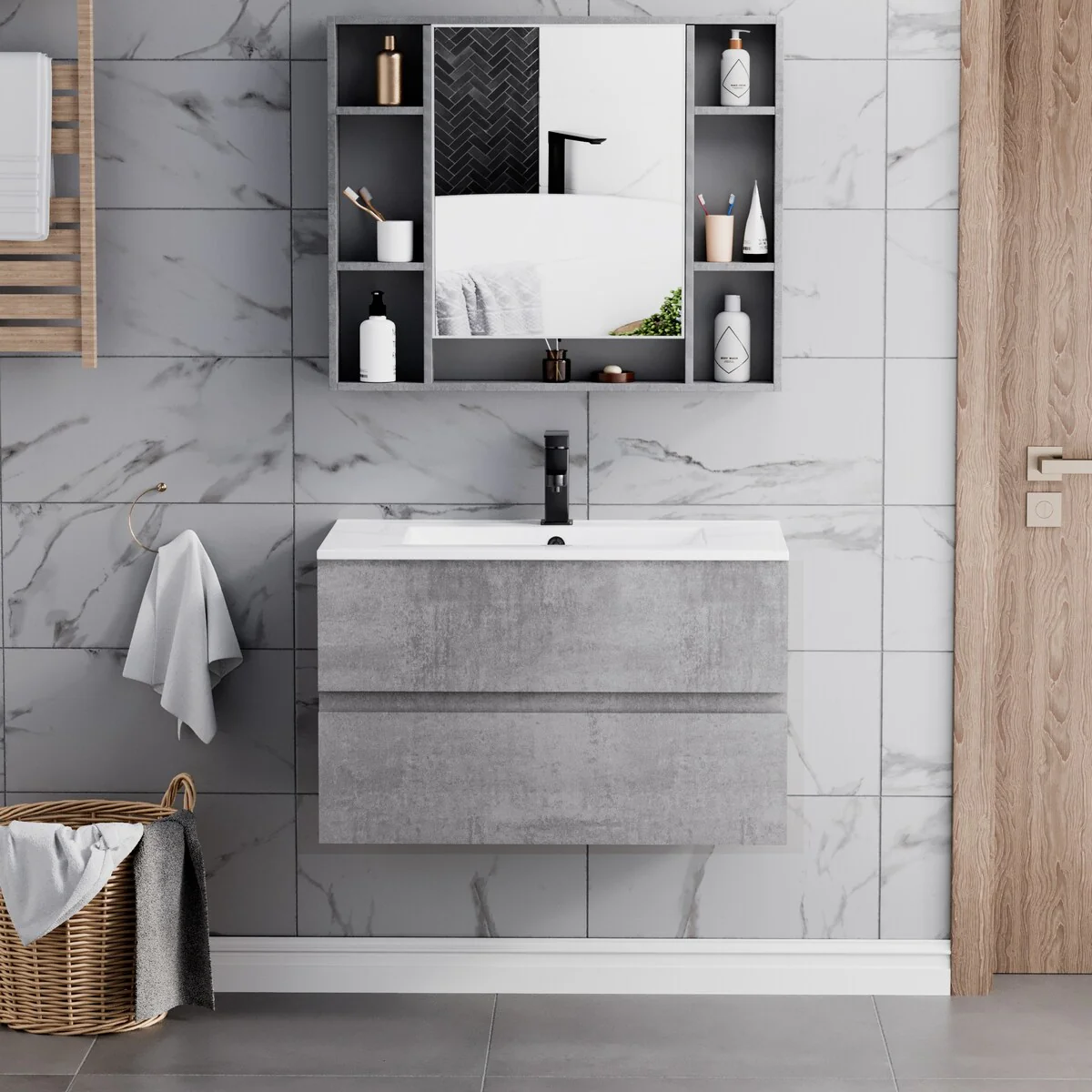 Wall Mounted Bathroom Vanity Sink Combo Cabinet Vanity Set Beveled Invisible Handles