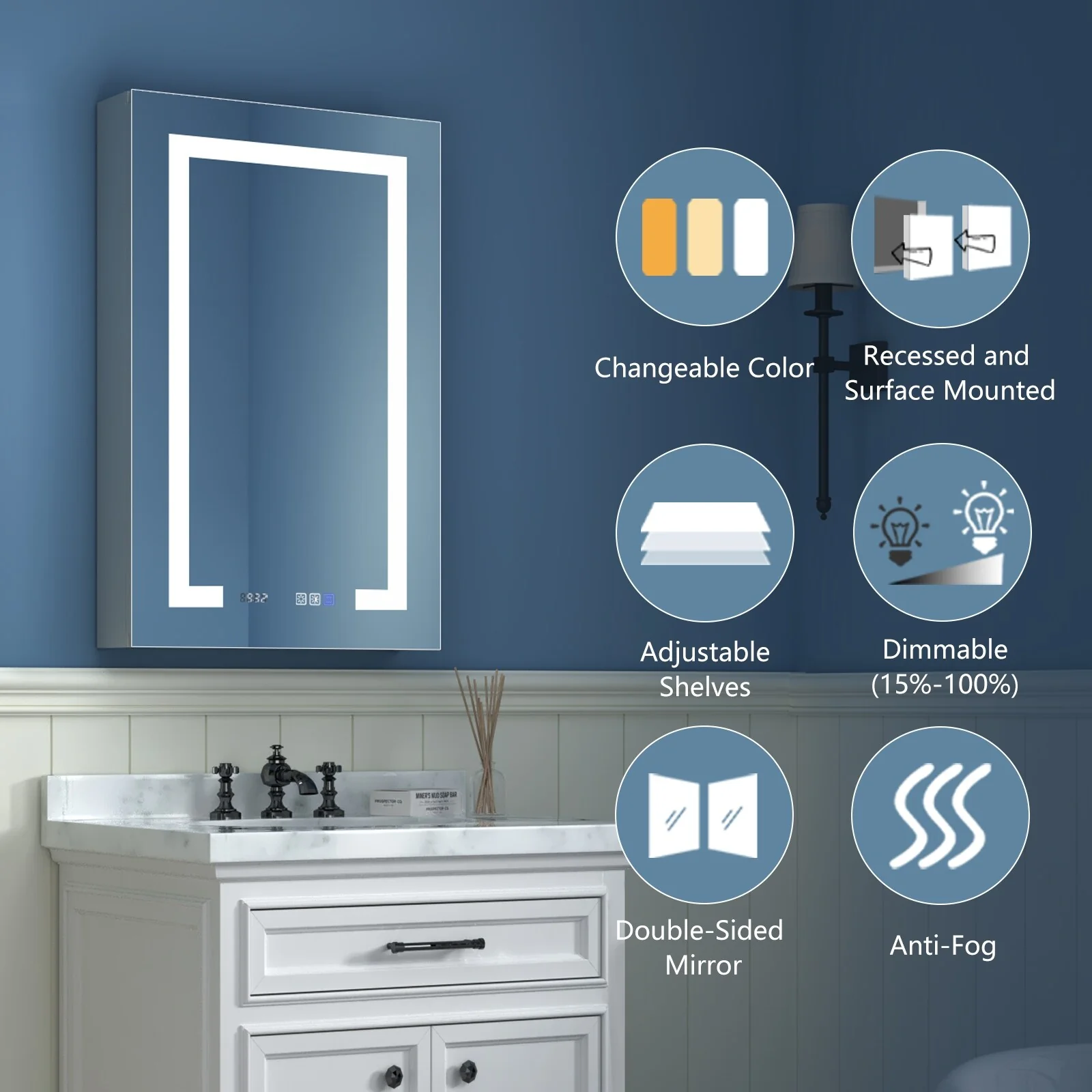 ExBrite 3 Touch Switch LED Lighted Bathroom Medicine Cabinet with Mirror, Recessed or Surface Mount, Defog, Stepless Dimming