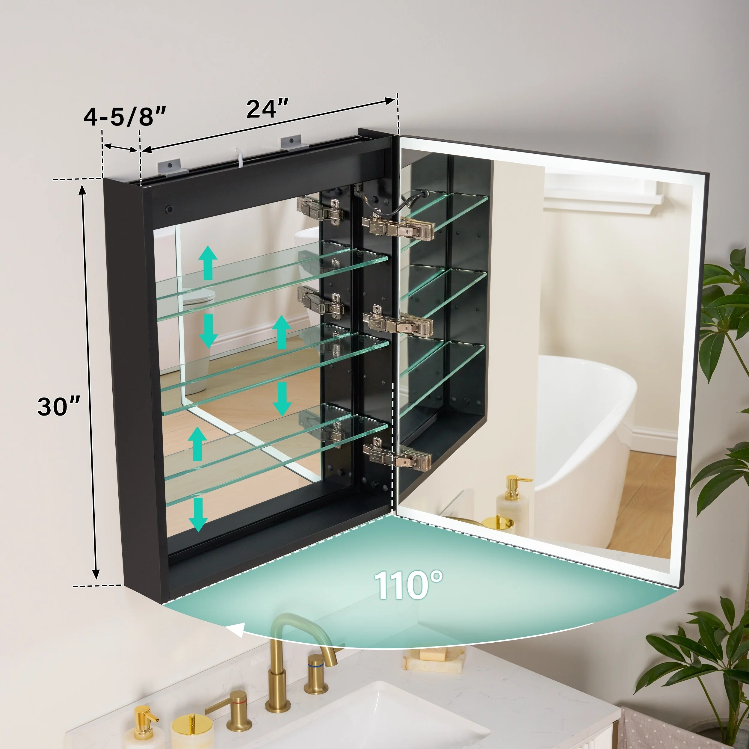 30'' H Recessed Or Surface Wall Mounted LED Mirror Cabinet With Mirror And Adjustable Shelves,Black Frame