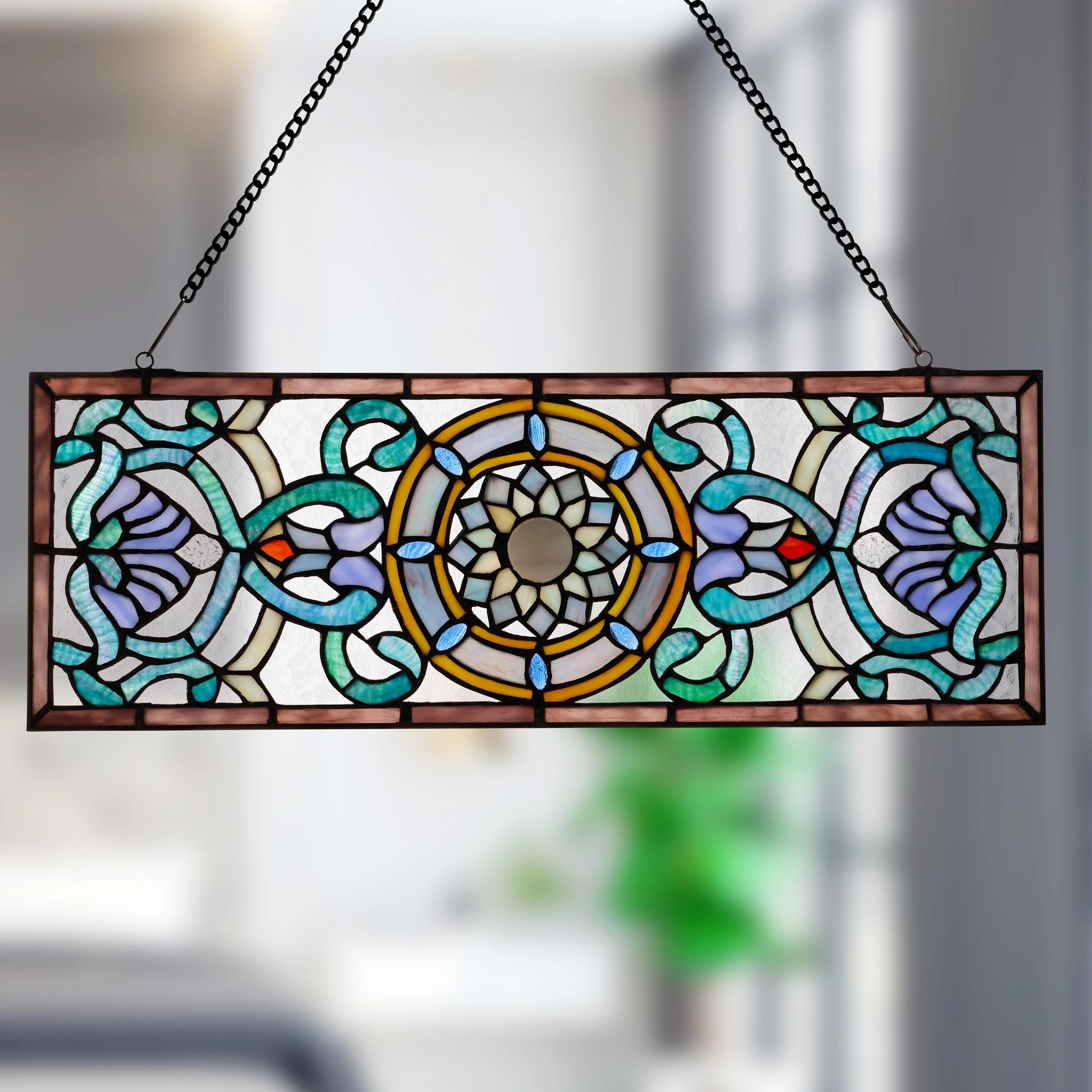Flourished and Flowers River of Goods Shades of Blue Stained Glass Window Panel - 24