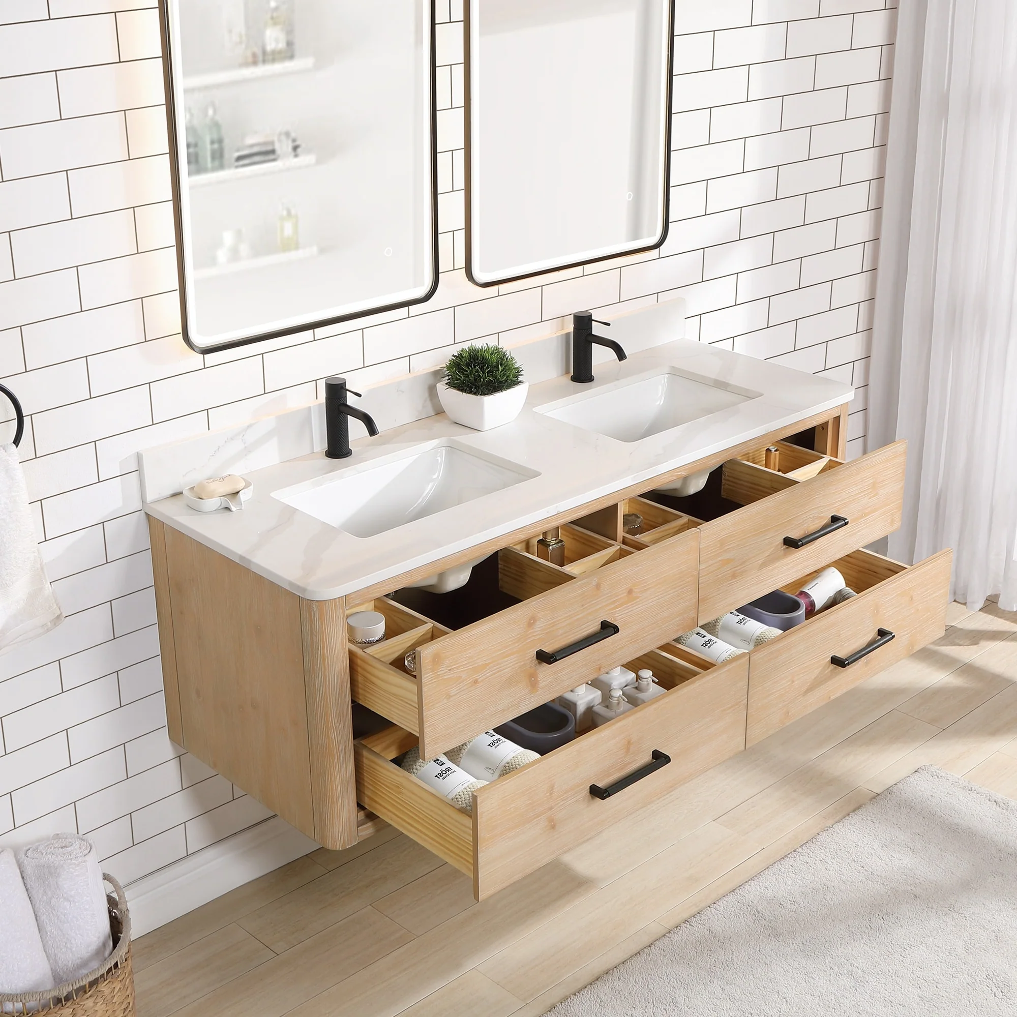 Cristo Floating Bath Vanity with White Quartz Stone Top and Mirror