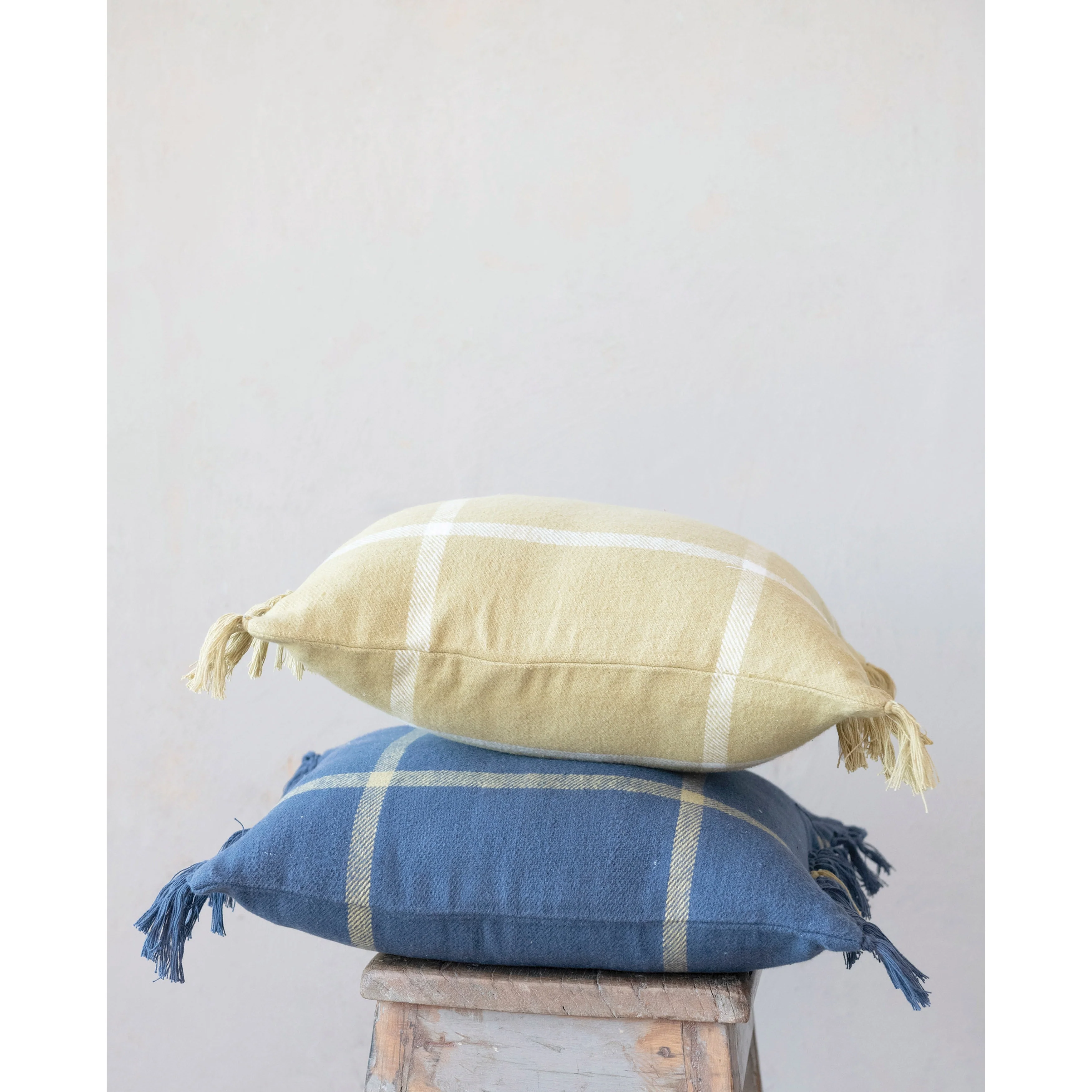 Cotton Flannel Plaid Pillow with Fringe