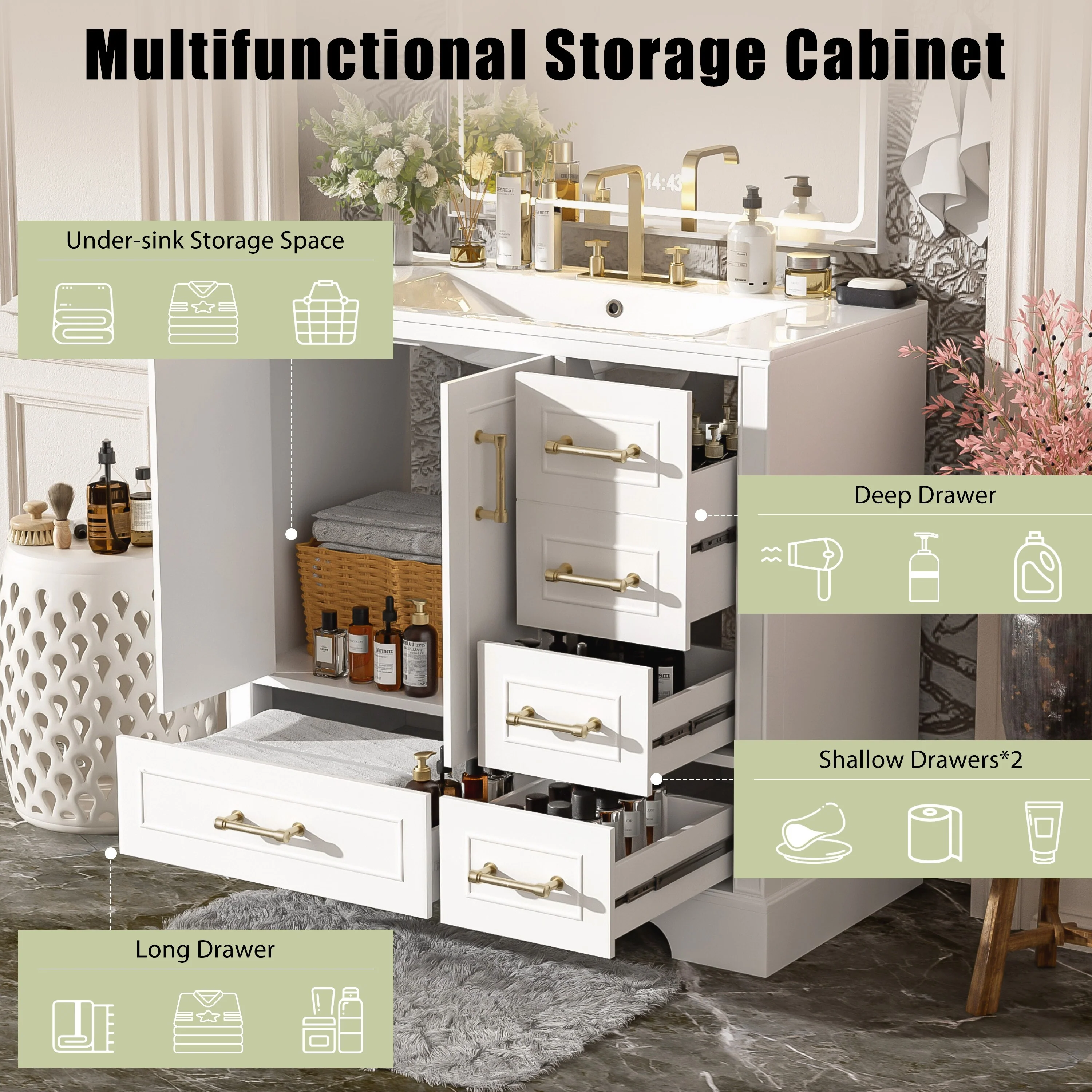 Bathroom Vanity with Resin Sink, Bathroom Vanity Set with 4 Drawers, Bathroom Storage Cabinet with 2 Soft Close Doors