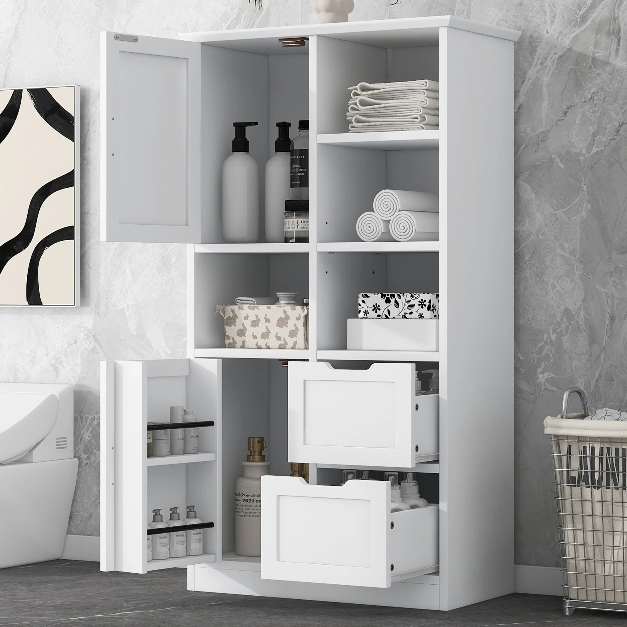 Bathroom Storage Cabinet with 2 Doors, 2 Drawers, Open Shelve & Adjustable Shelf