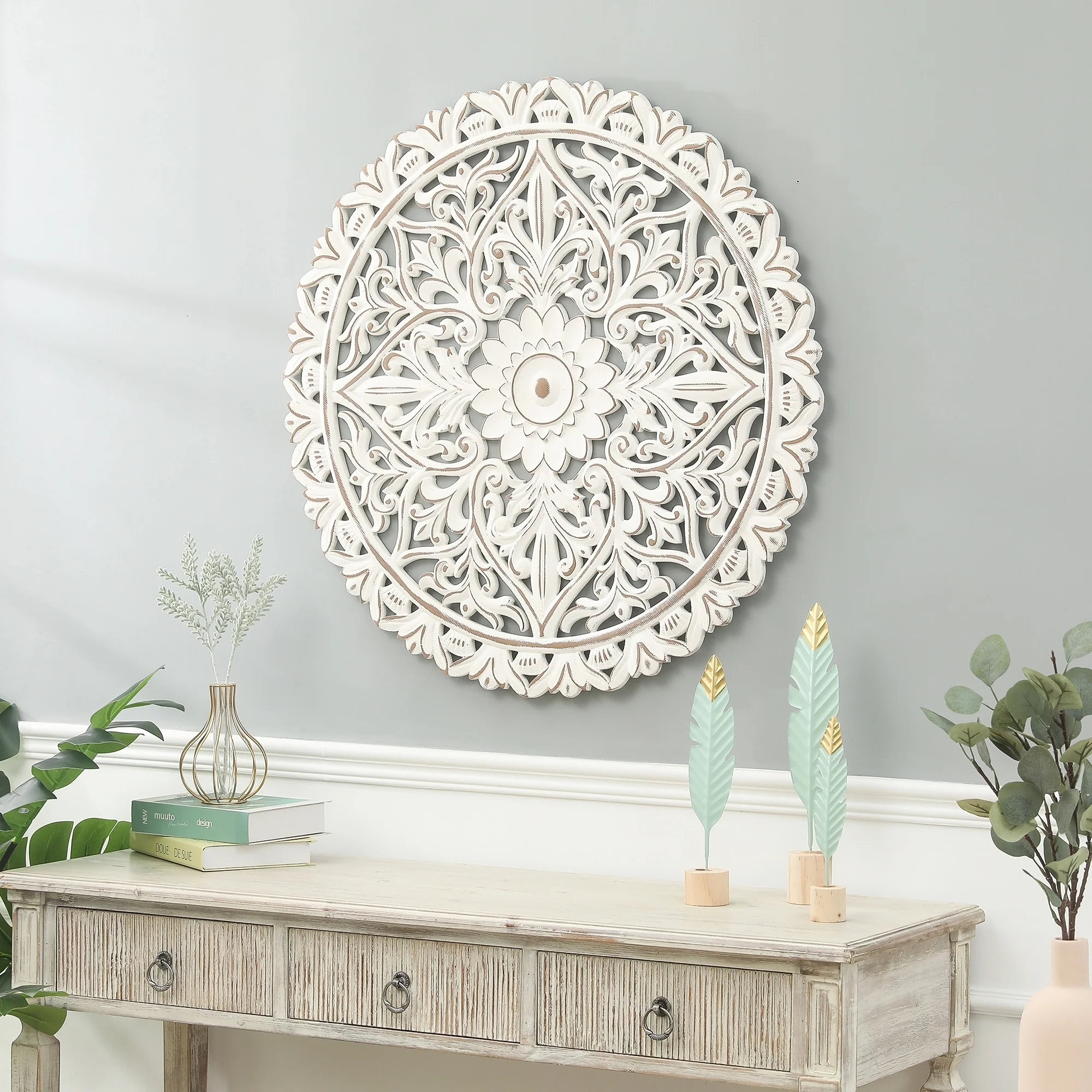 Distressed White Wood Flower Mandala 31.5