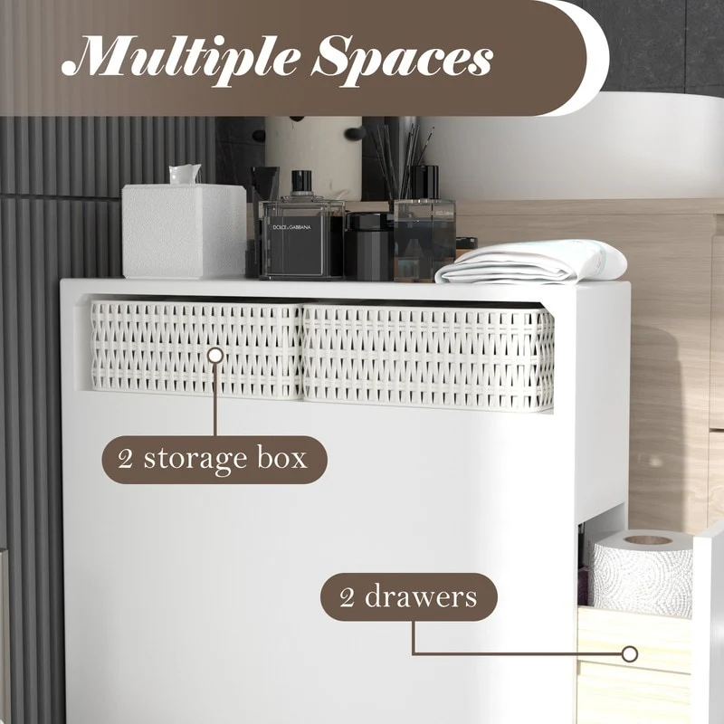 Freestanding Wooden Storage Cabinet with Storage Basket for Narrow Bathroom