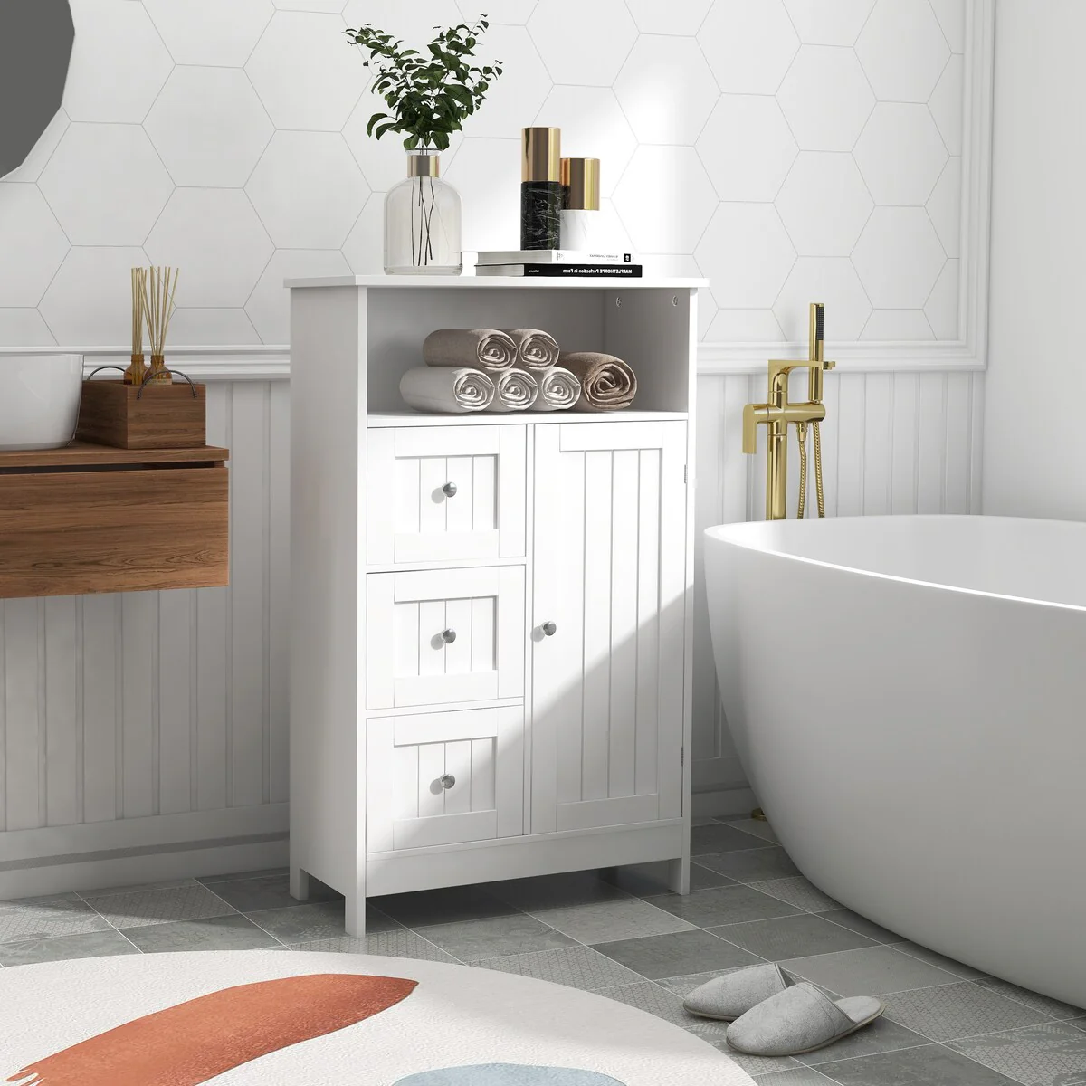 Nestfair White Bathroom Standing Storage Cabinet with 3 Drawers and 1 Door - N/A