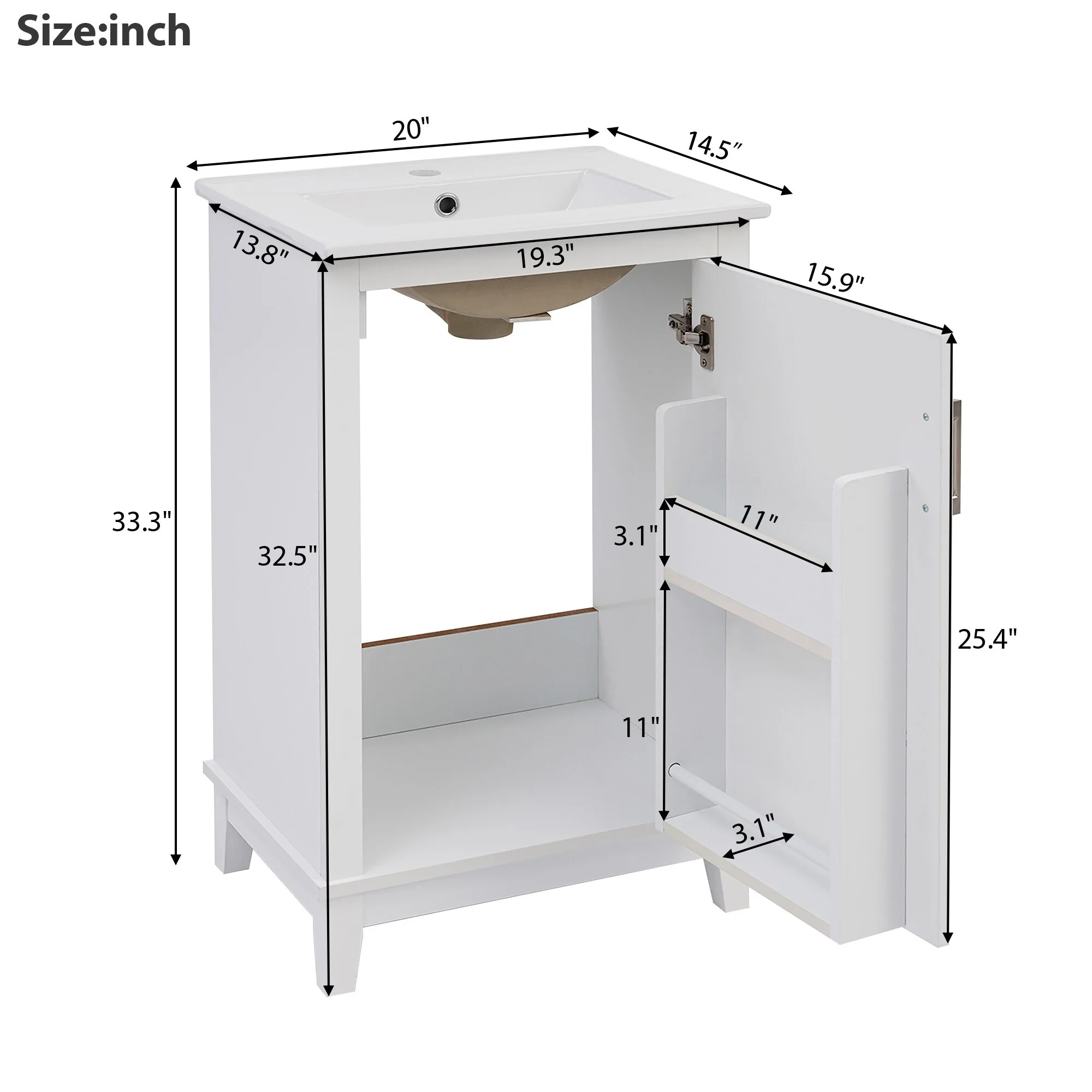 20 Inch Modern Bathroom Vanity with Ceramic Sink Small Space Cabinet