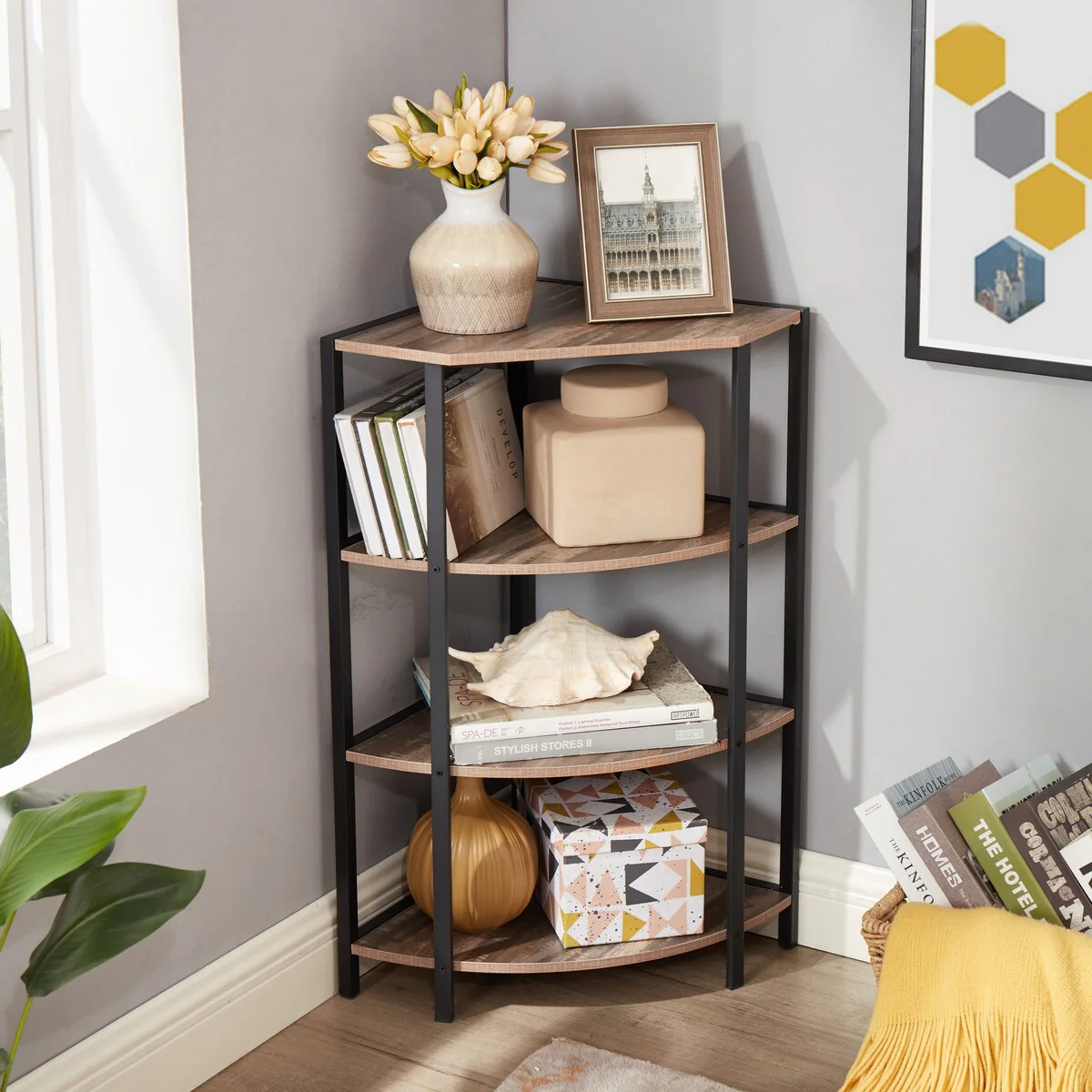 Corner Open Shelf Bookcase Plant Stand Small Bookshelf - 22.24