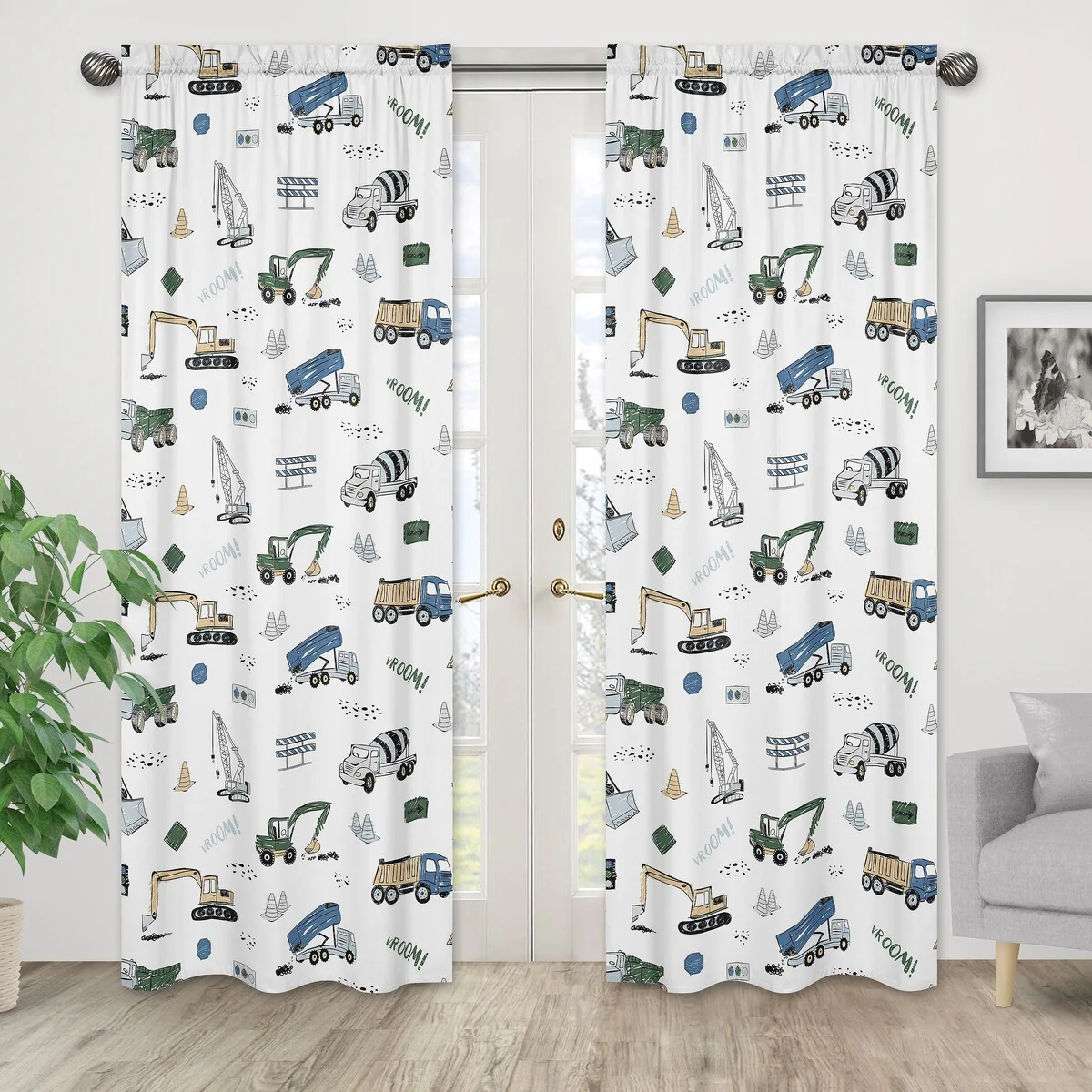 Construction Truck Collection 84-inch Window Treatment Curtain Panel Pair - Grey Yellow Black Blue and Green Transportation