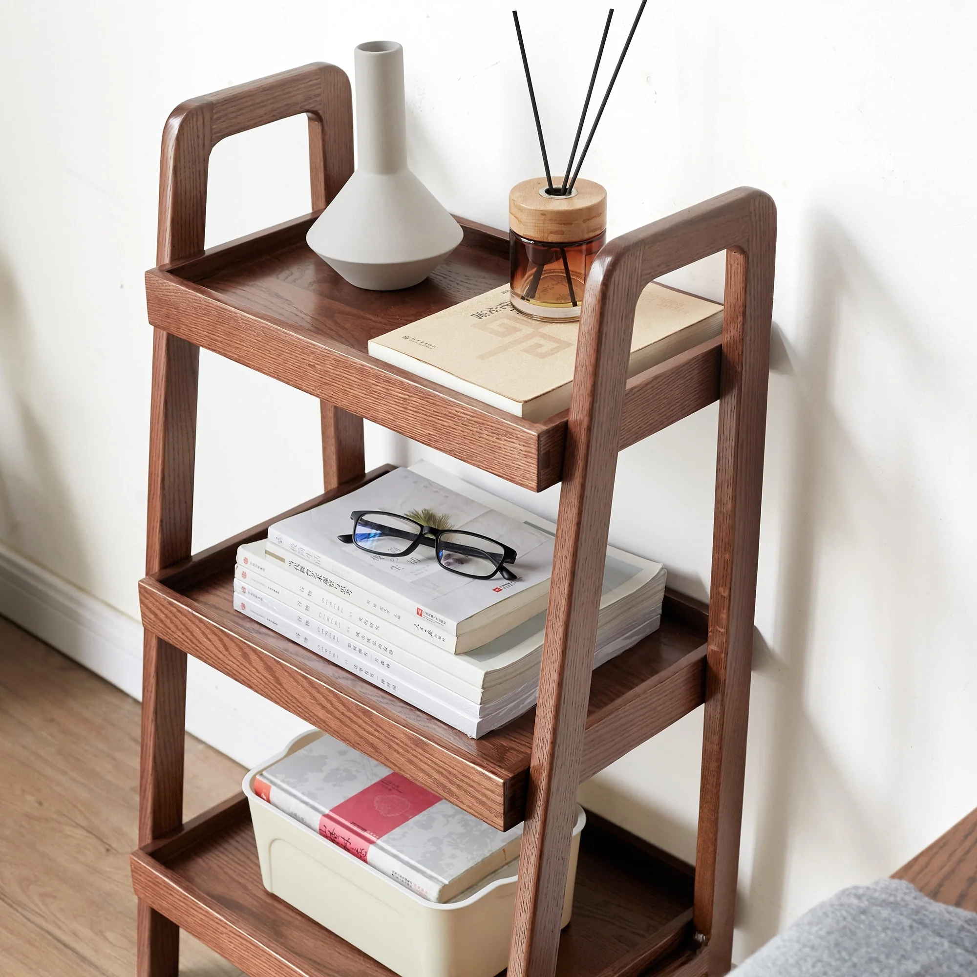 Walnut Finished Oak Wood Storage Ladder Shelf