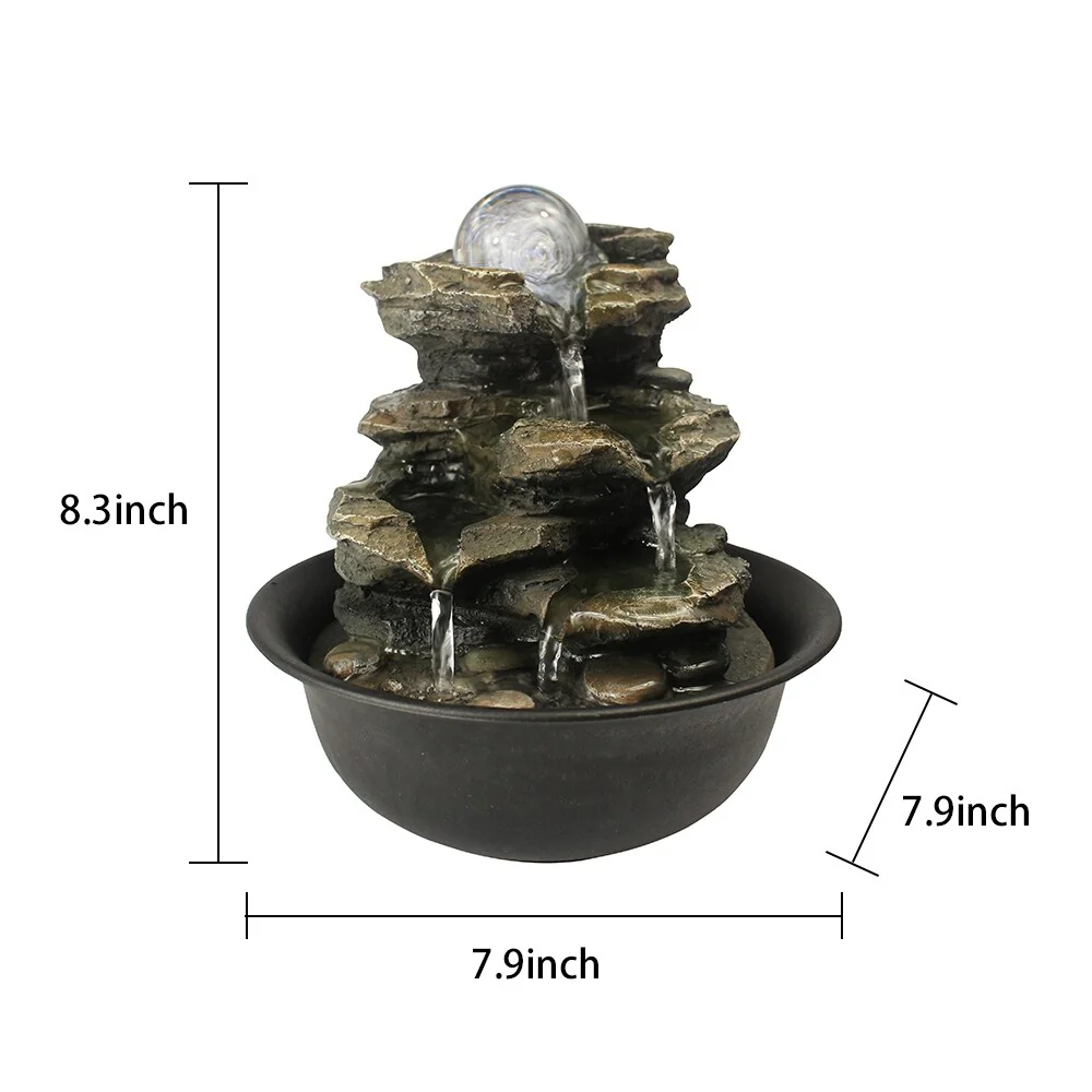 8.3-inch H 4-Tier Cascading Rock Falls Tabletop Water Fountain w/Light