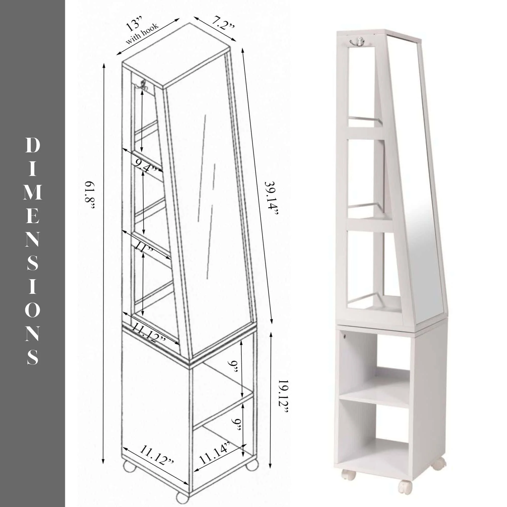 Miami White Rotating Mirror Cabinet Shelving Rolling Base - 13