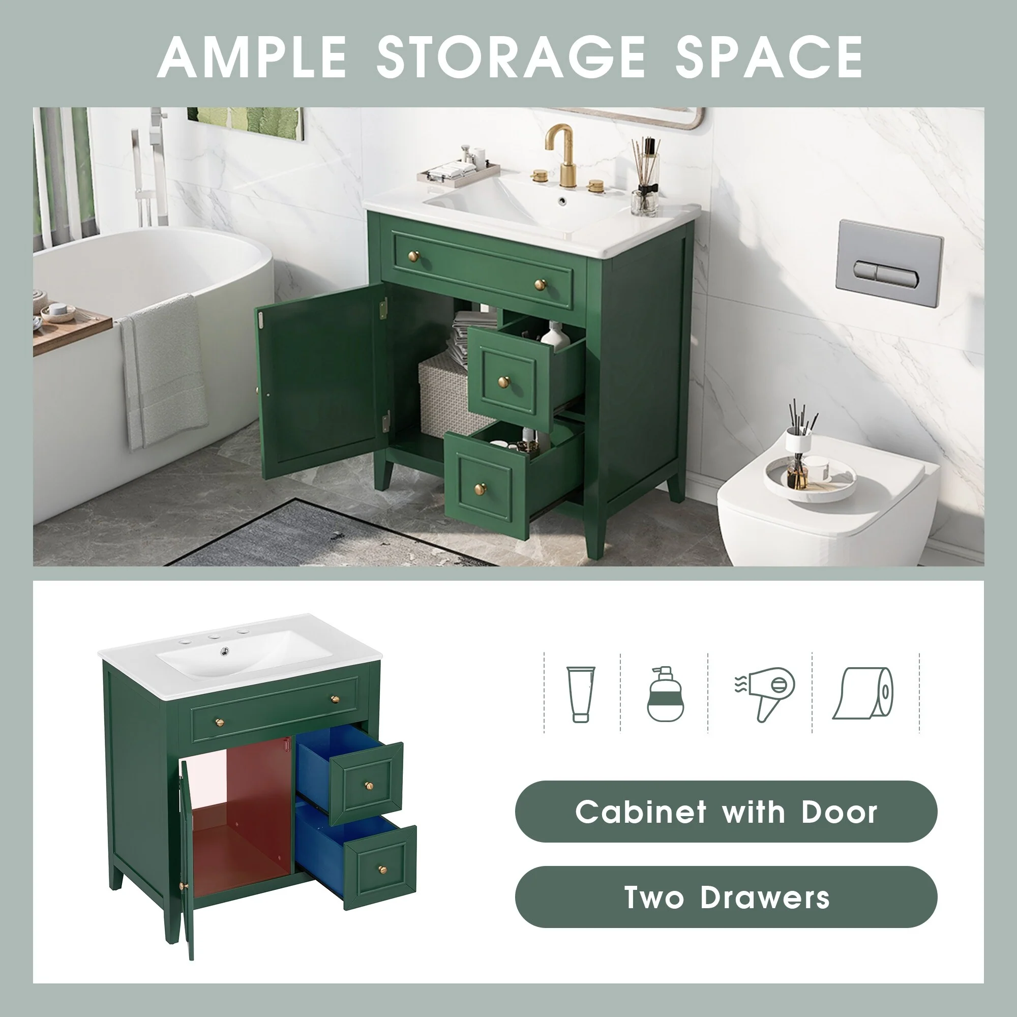 30'' Solid Wood Bathroom Vanity with Cabinet, 2 Drawers, and Ceramic Sink