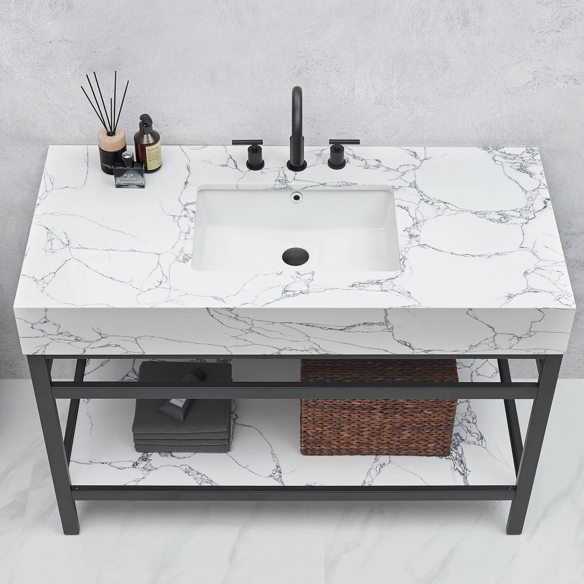 Ecija Bath Vanity, Metal Support with Composite Stone Top, no Mirror