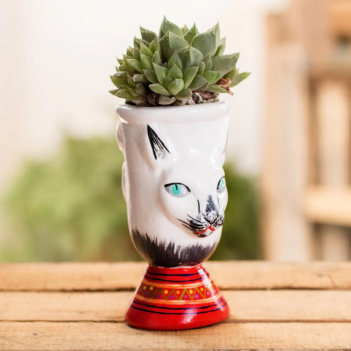 Novica Handmade Top Cat In White Ceramic Flower Pot