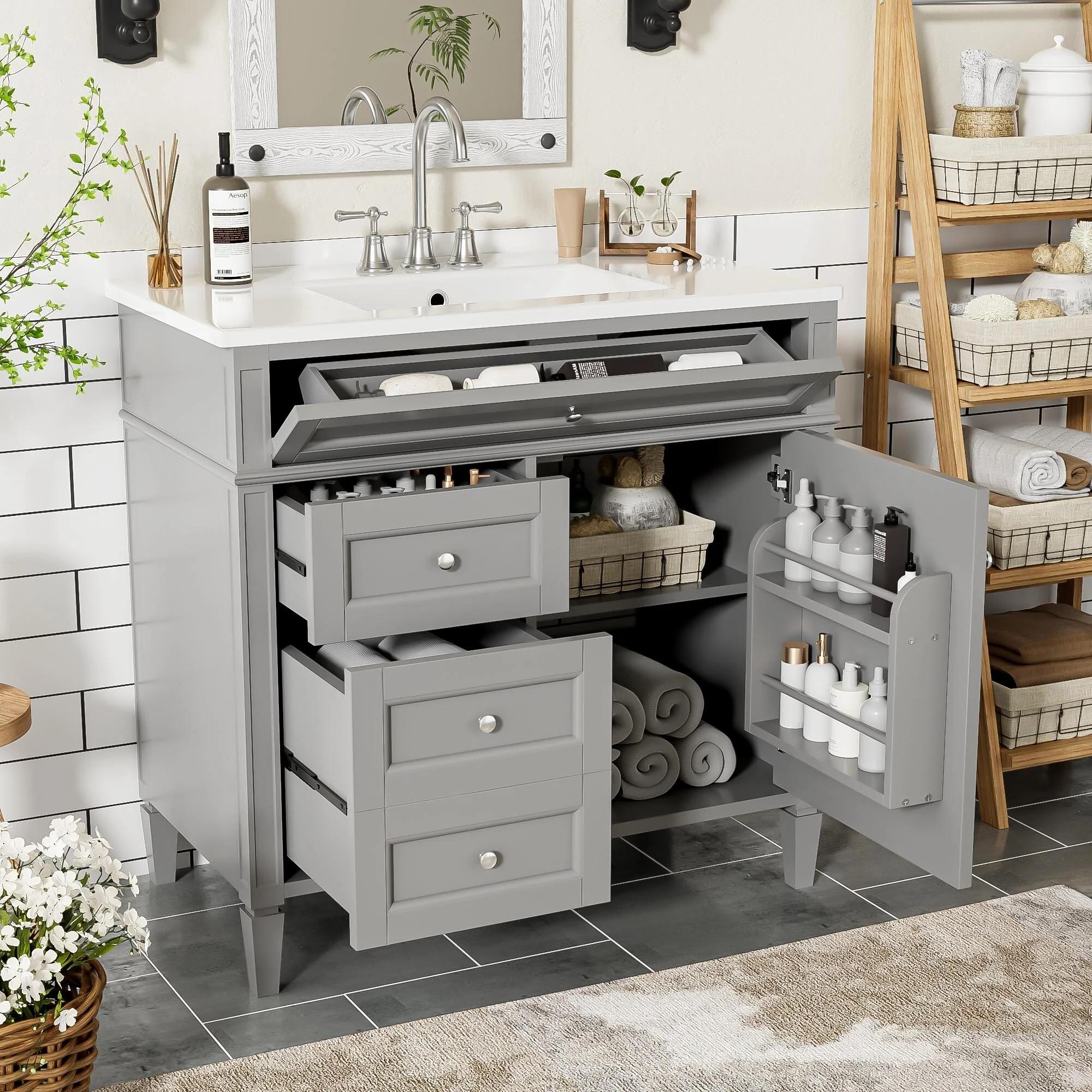 Bathroom Vanity with Single Sink, Bathroom Vanities with 2 Drawers, Bathroom Storage Cabinet with 1 Tip-Out Drawer and 1 Door